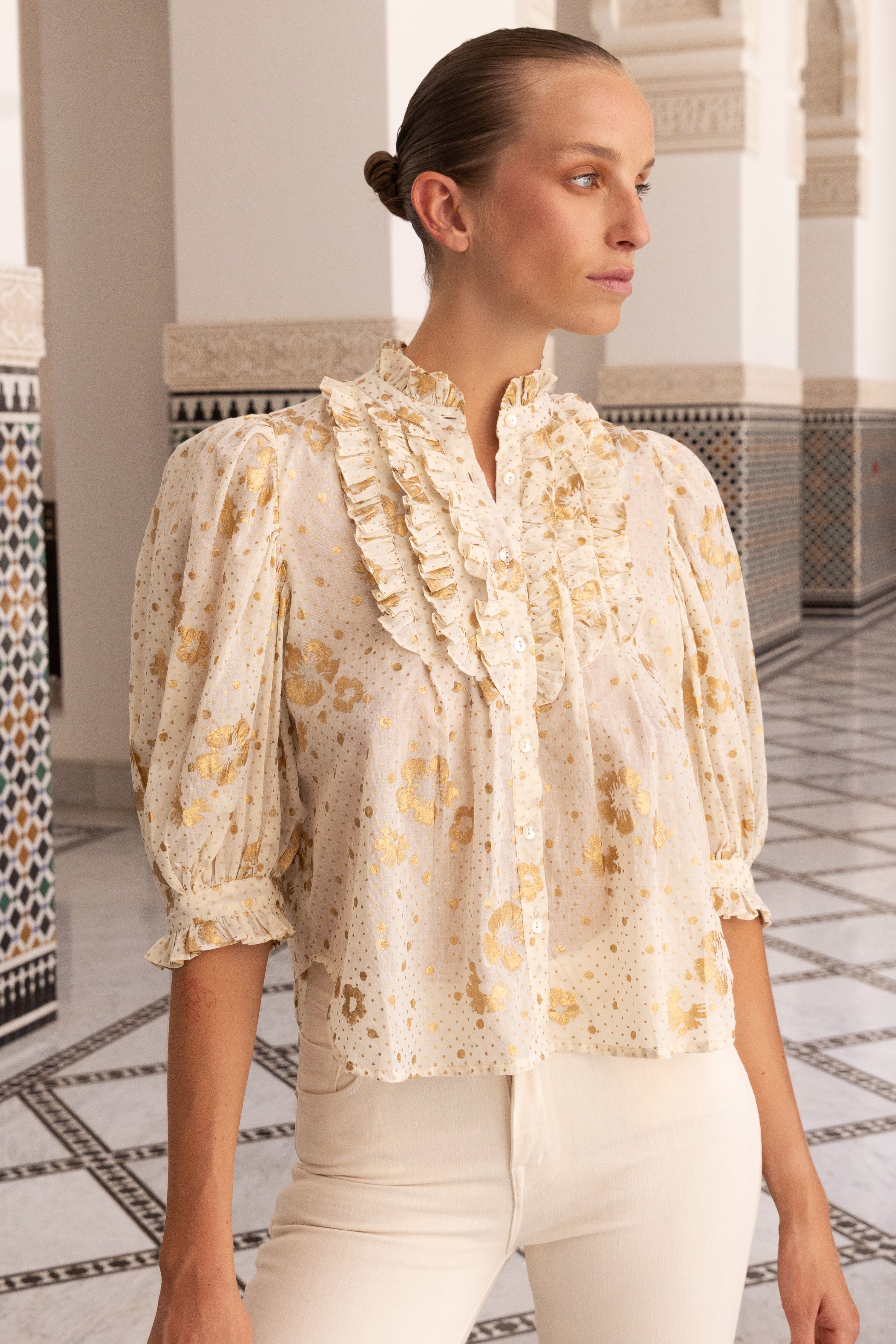 Ruffle Front Button Blouse- Carlin Cream Gold