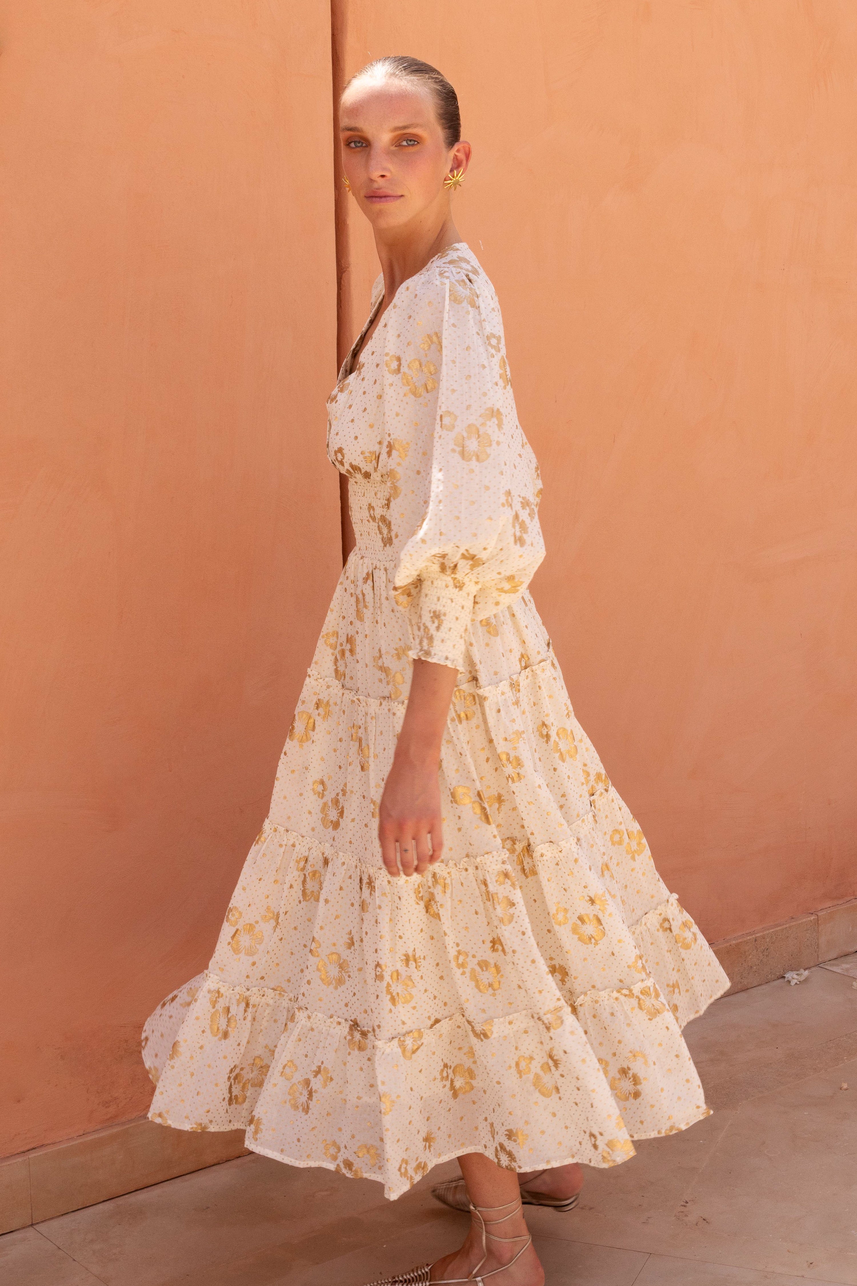 V-Neck Smocked Waist Midi- Carlin Cream Gold