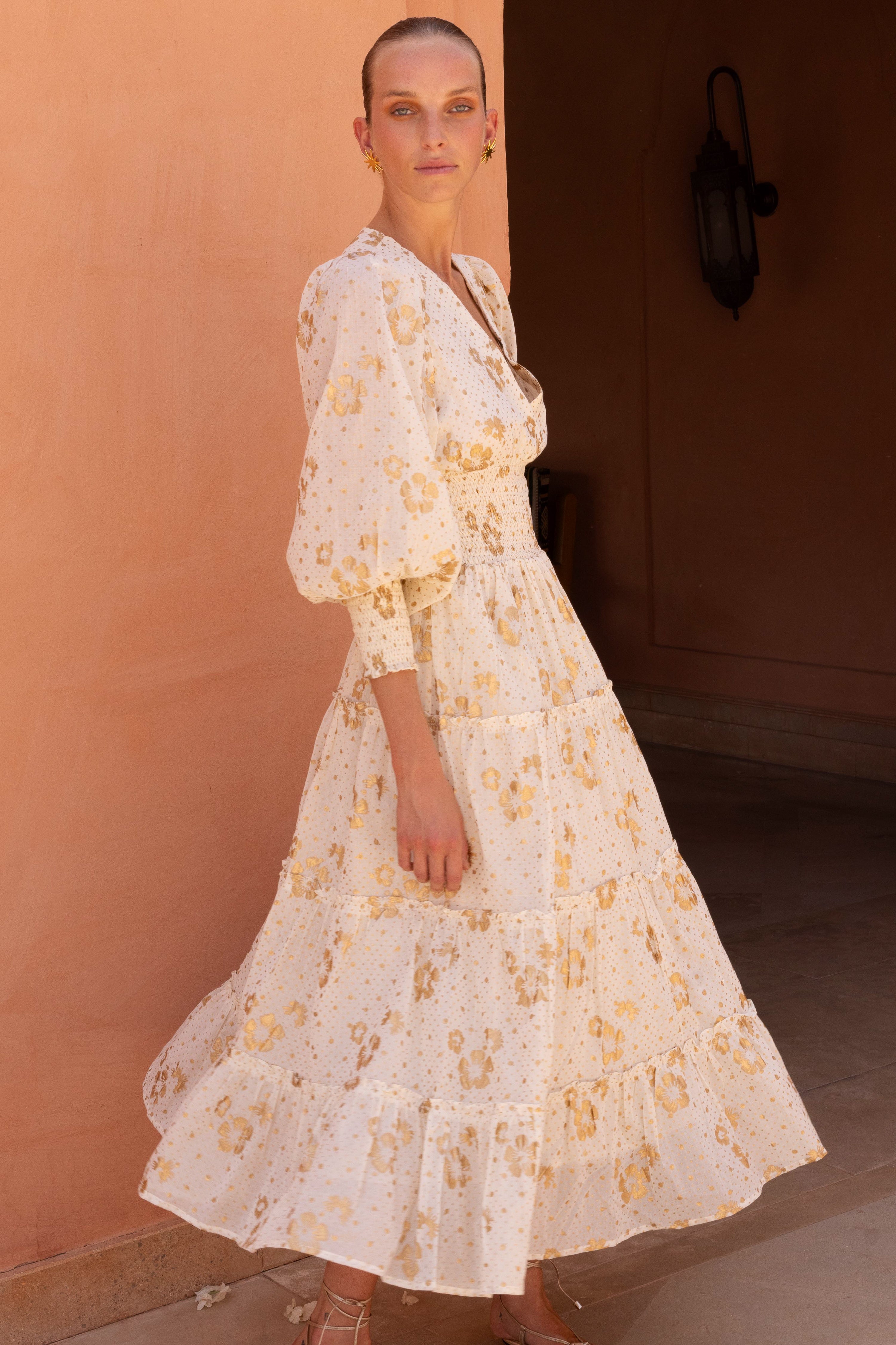 V-Neck Smocked Waist Midi- Carlin Cream Gold