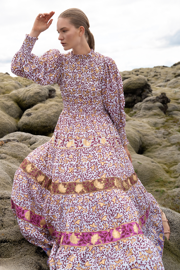 Smocked Maxi 3/4 Sleeve- Marchesa Wine