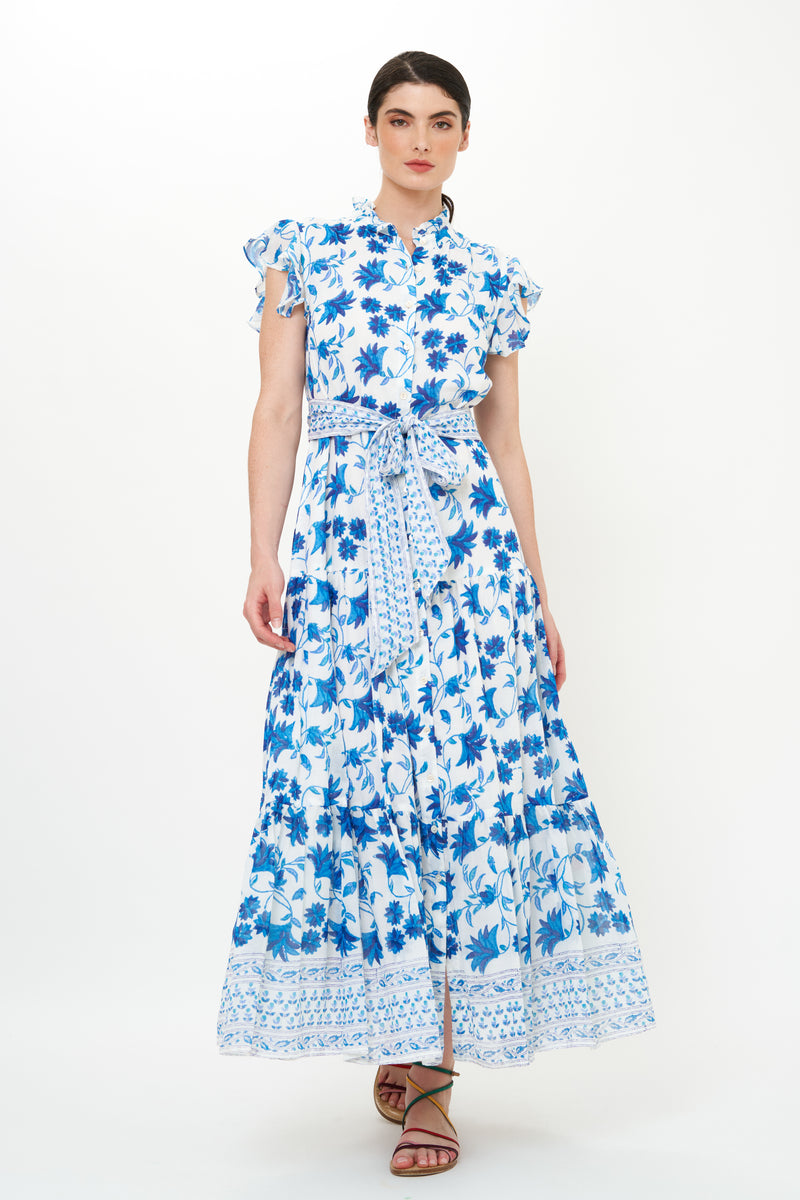 Ruffle Collar Button Maxi- Marion Blue