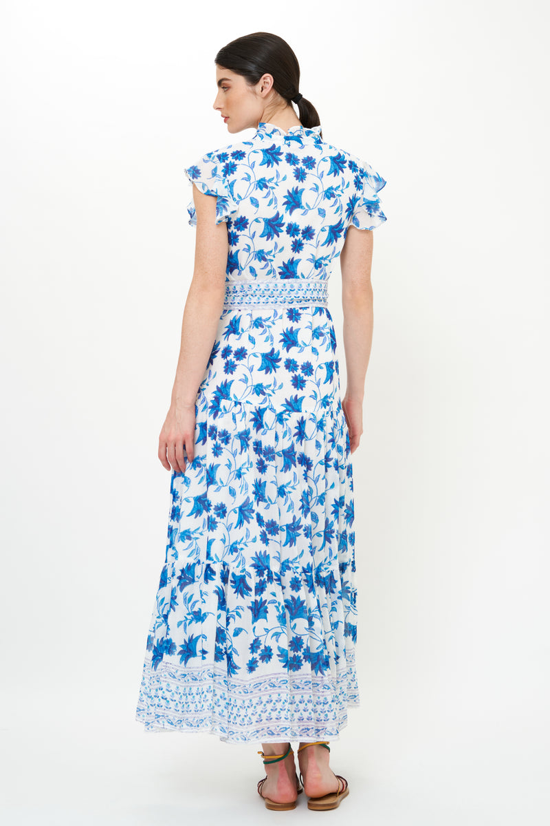 Ruffle Collar Button Maxi- Marion Blue