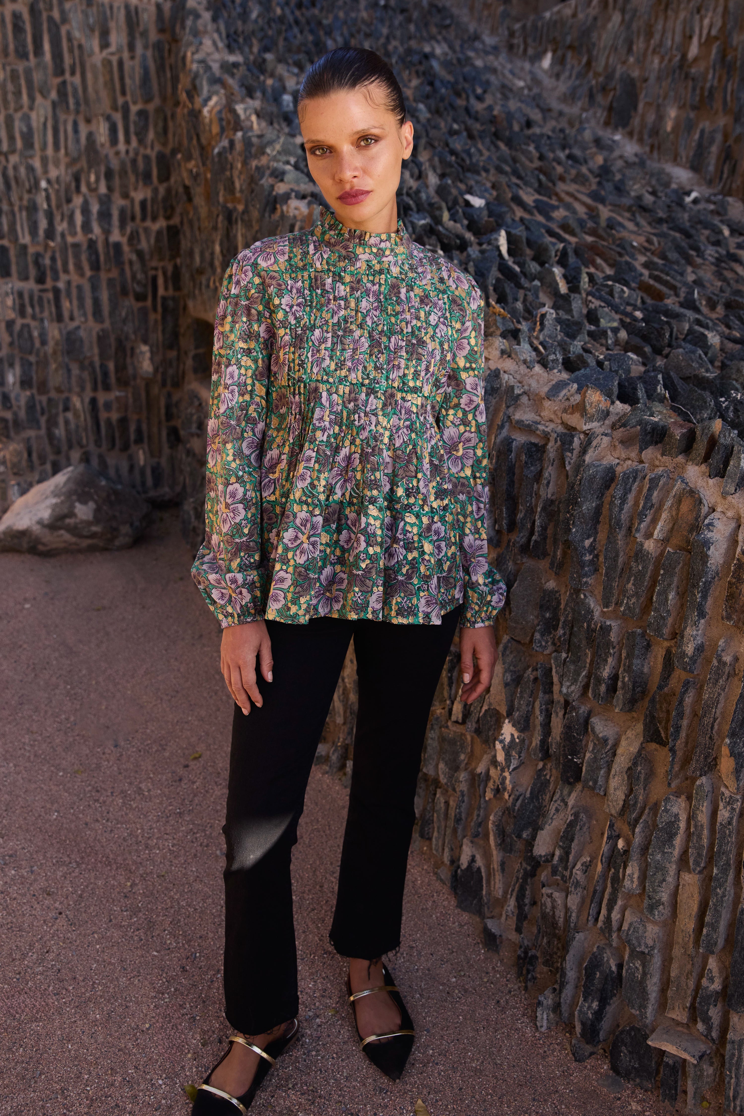 Long Sleeve Pintuck Blouse- Matera Green