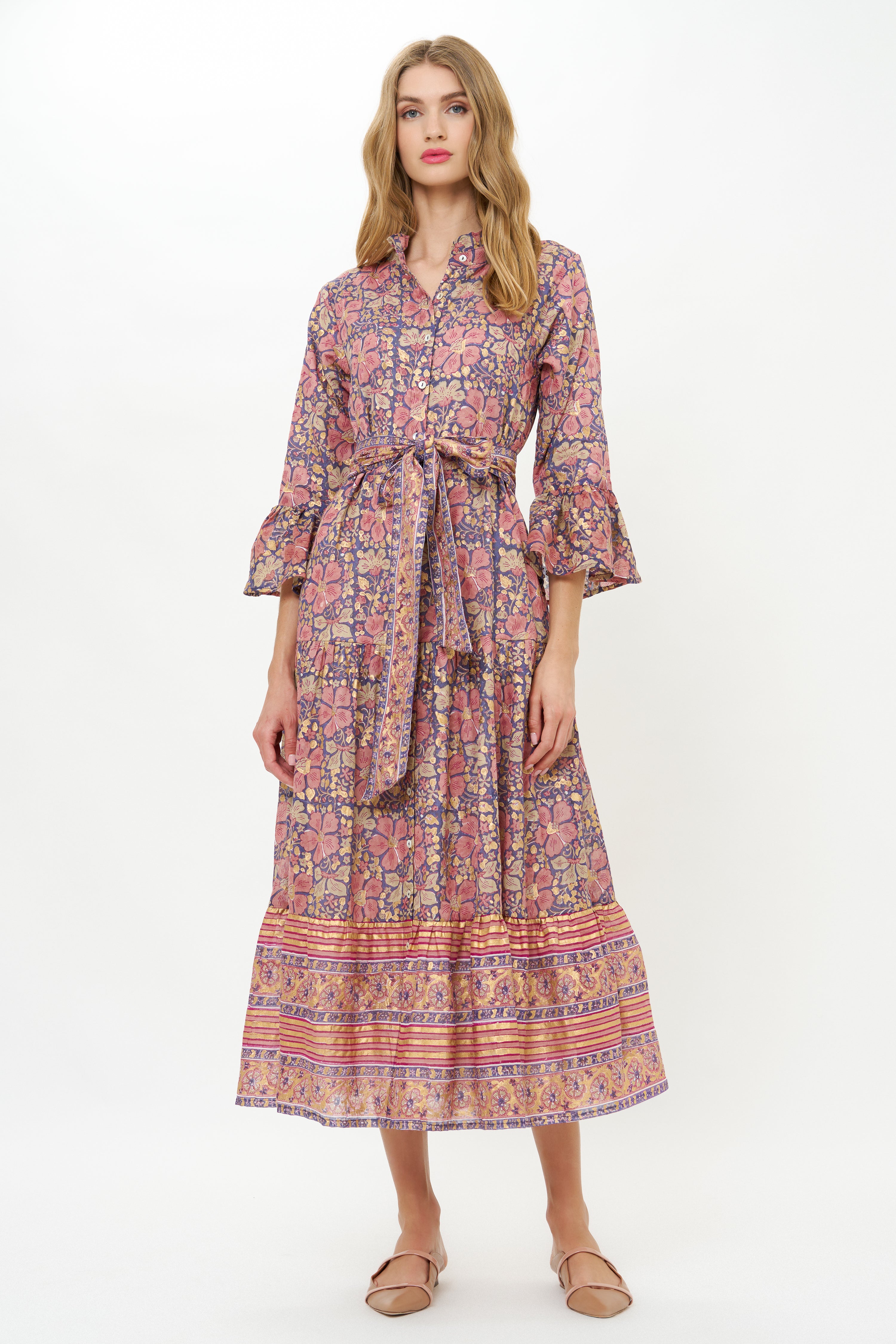 Ruffle Collar Bell Maxi- Matera Navy