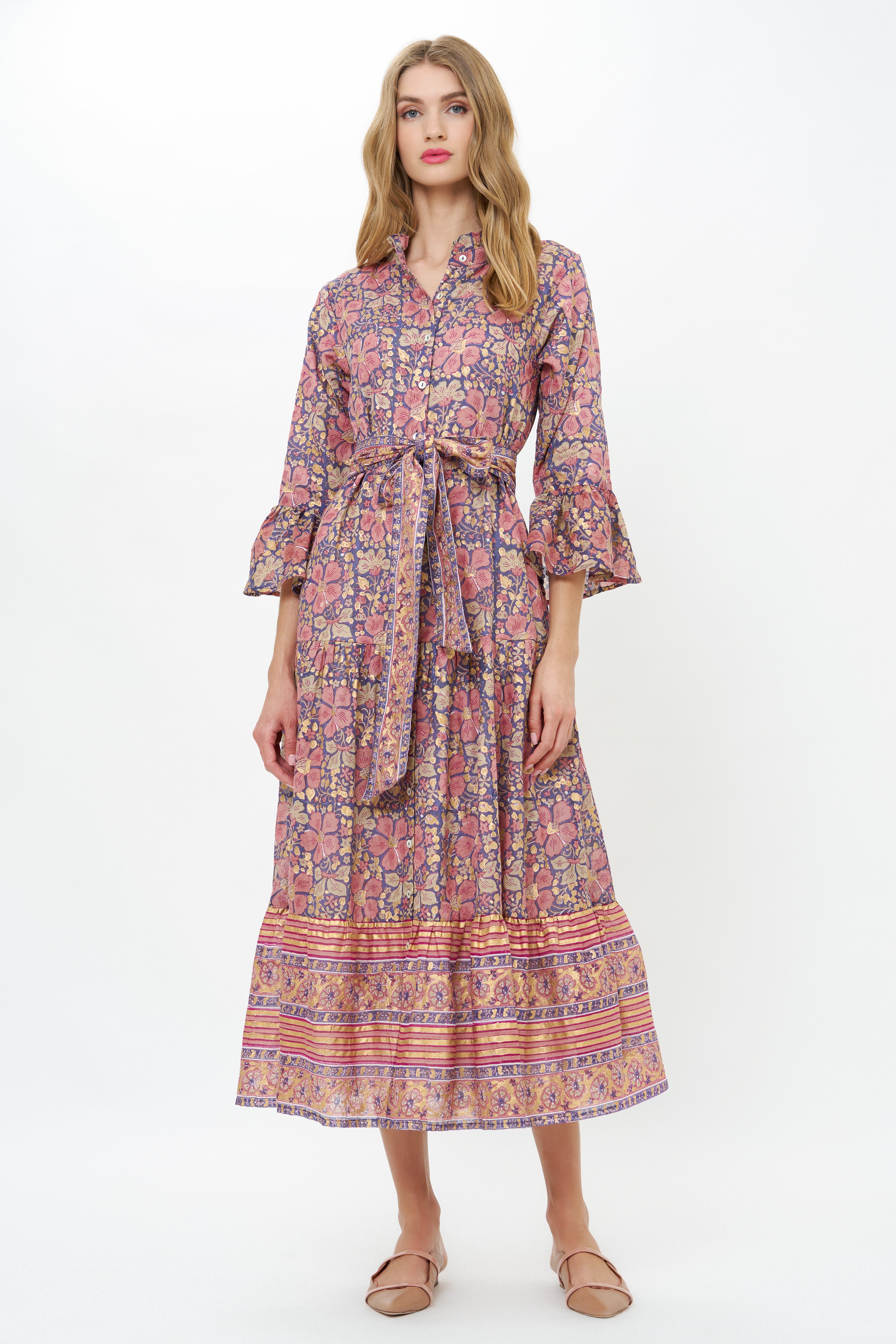 Ruffle Collar Bell Maxi- Matera Navy
