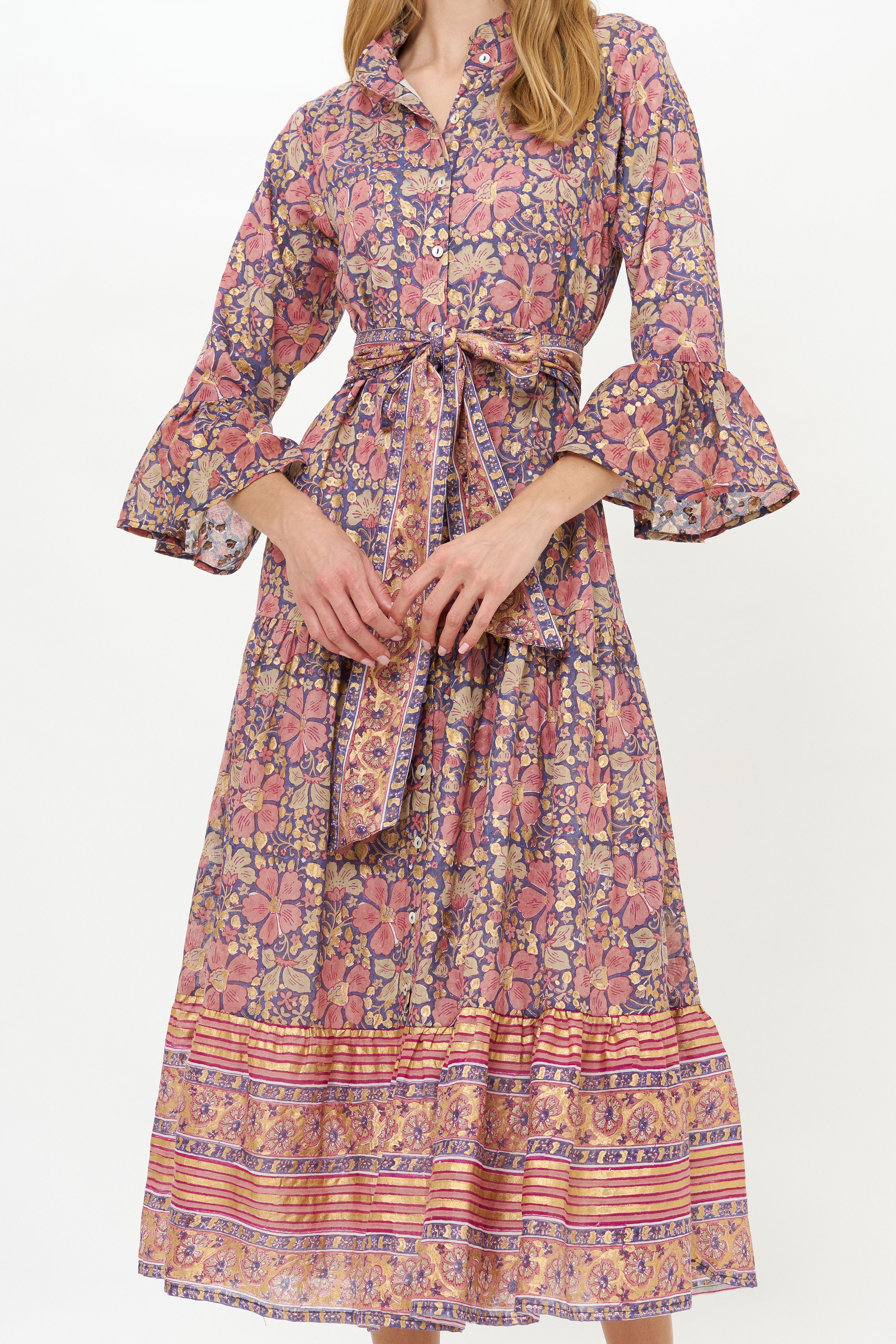 Ruffle Collar Bell Maxi- Matera Navy