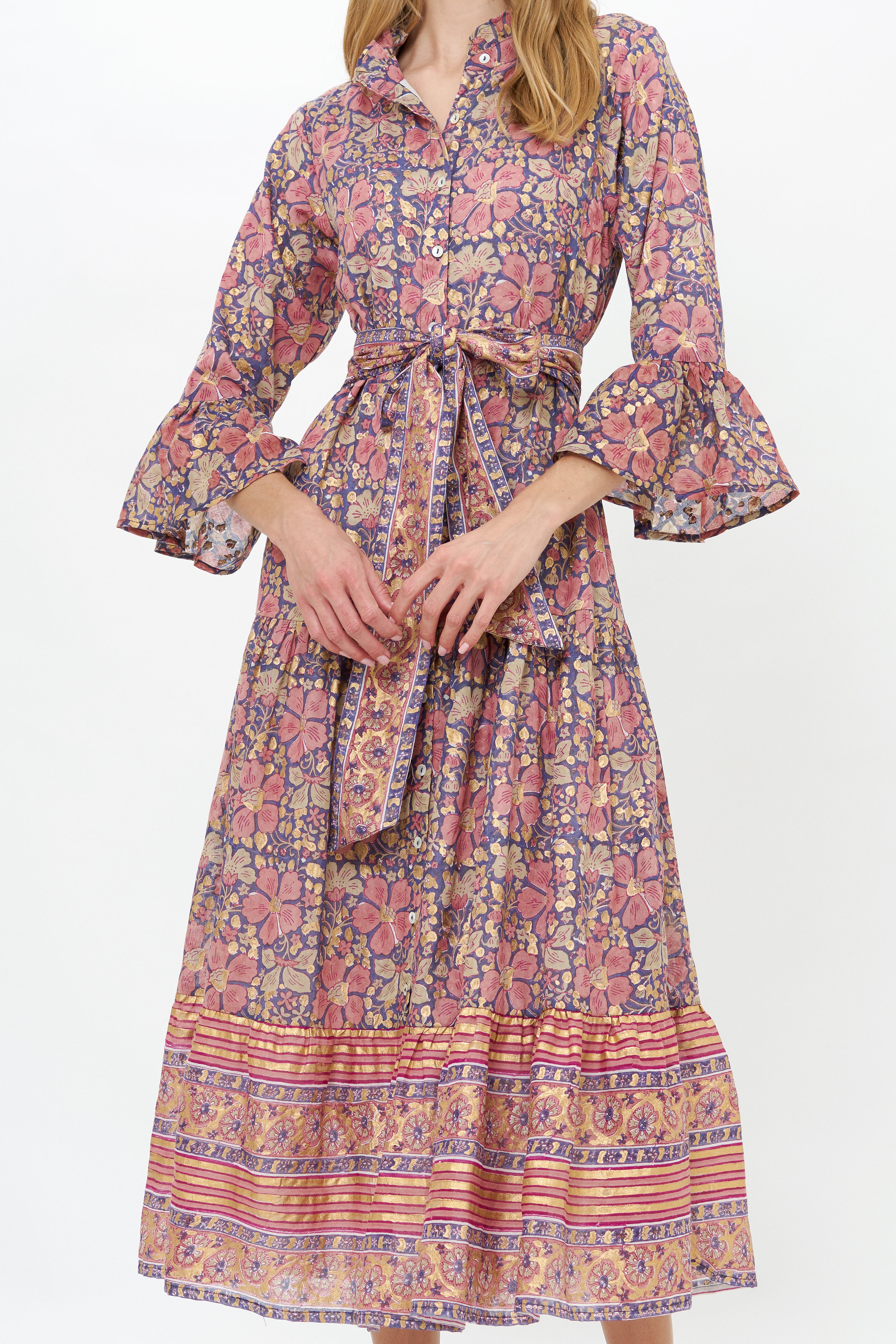 Ruffle Collar Bell Maxi- Matera Navy