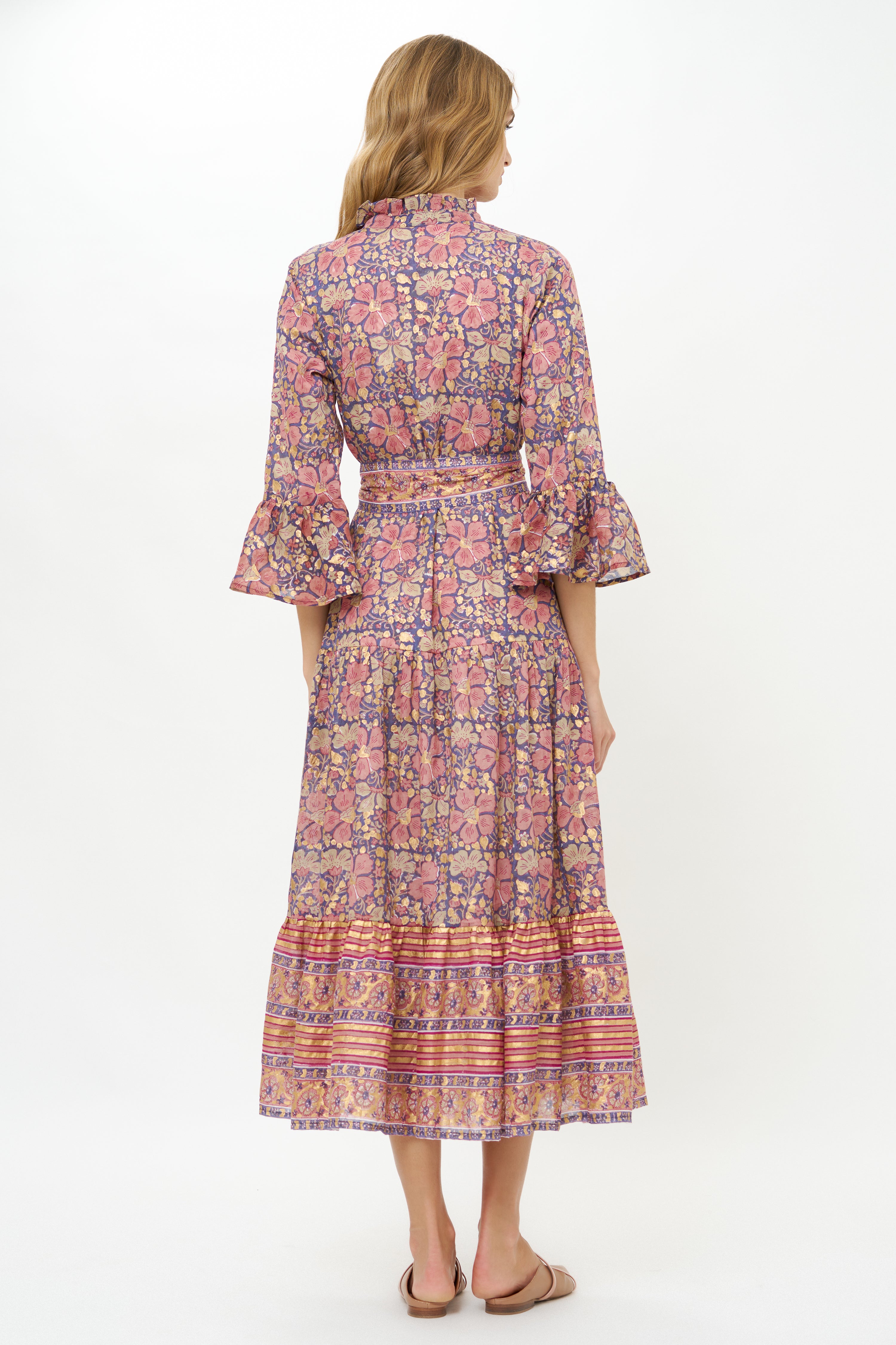 Ruffle Collar Bell Maxi- Matera Navy