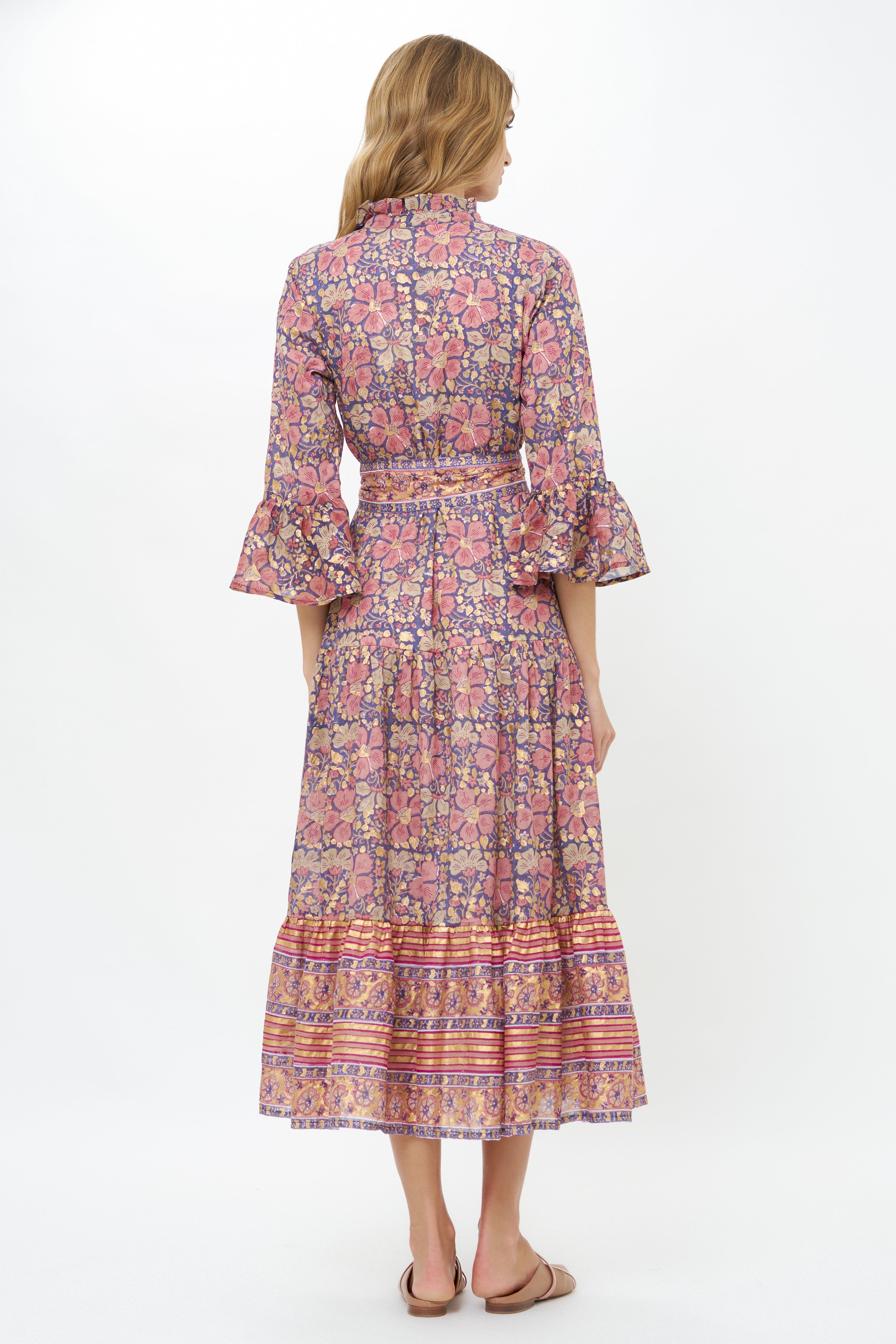 Ruffle Collar Bell Maxi- Matera Navy