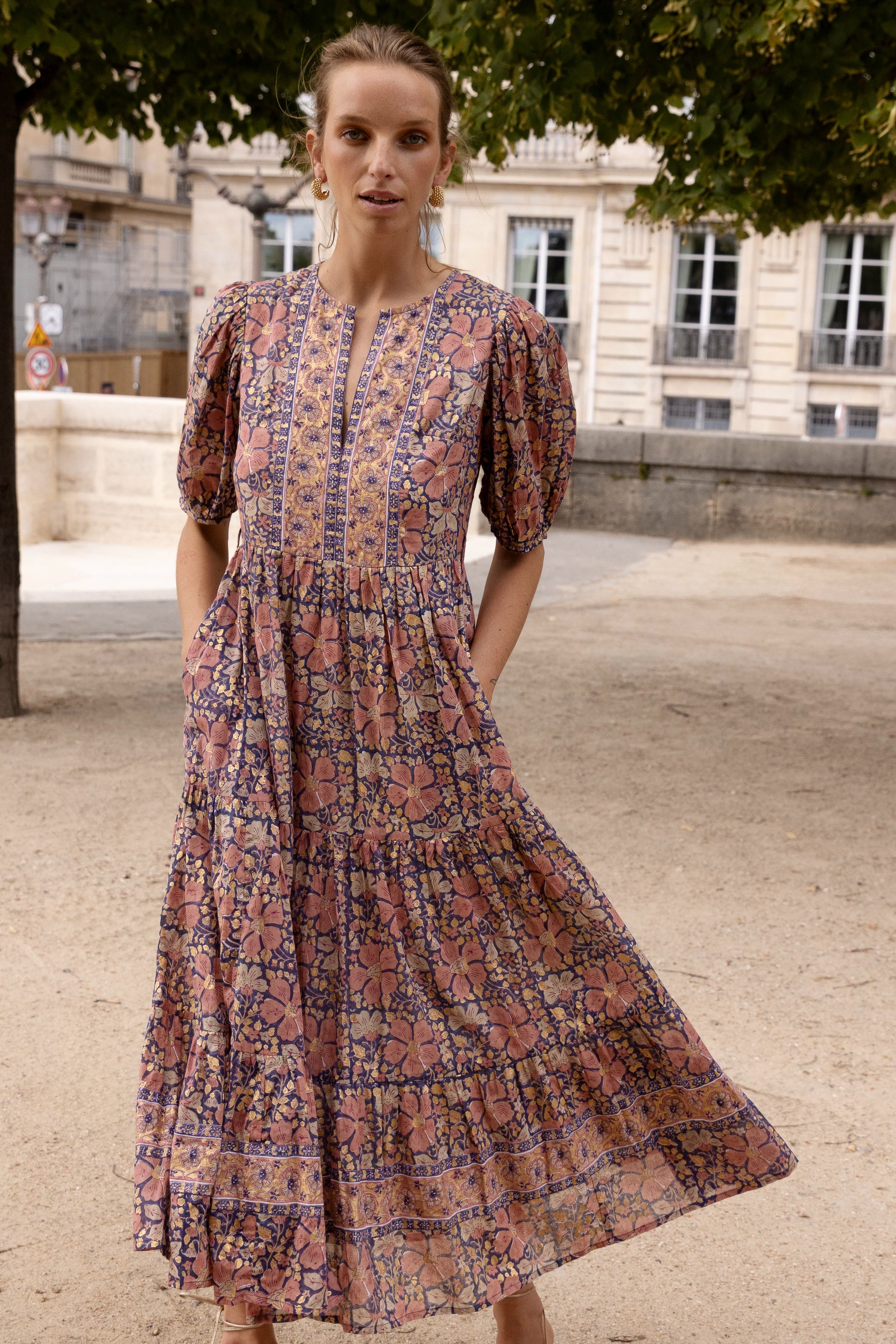 Puff Sleeve Maxi- Matera Navy