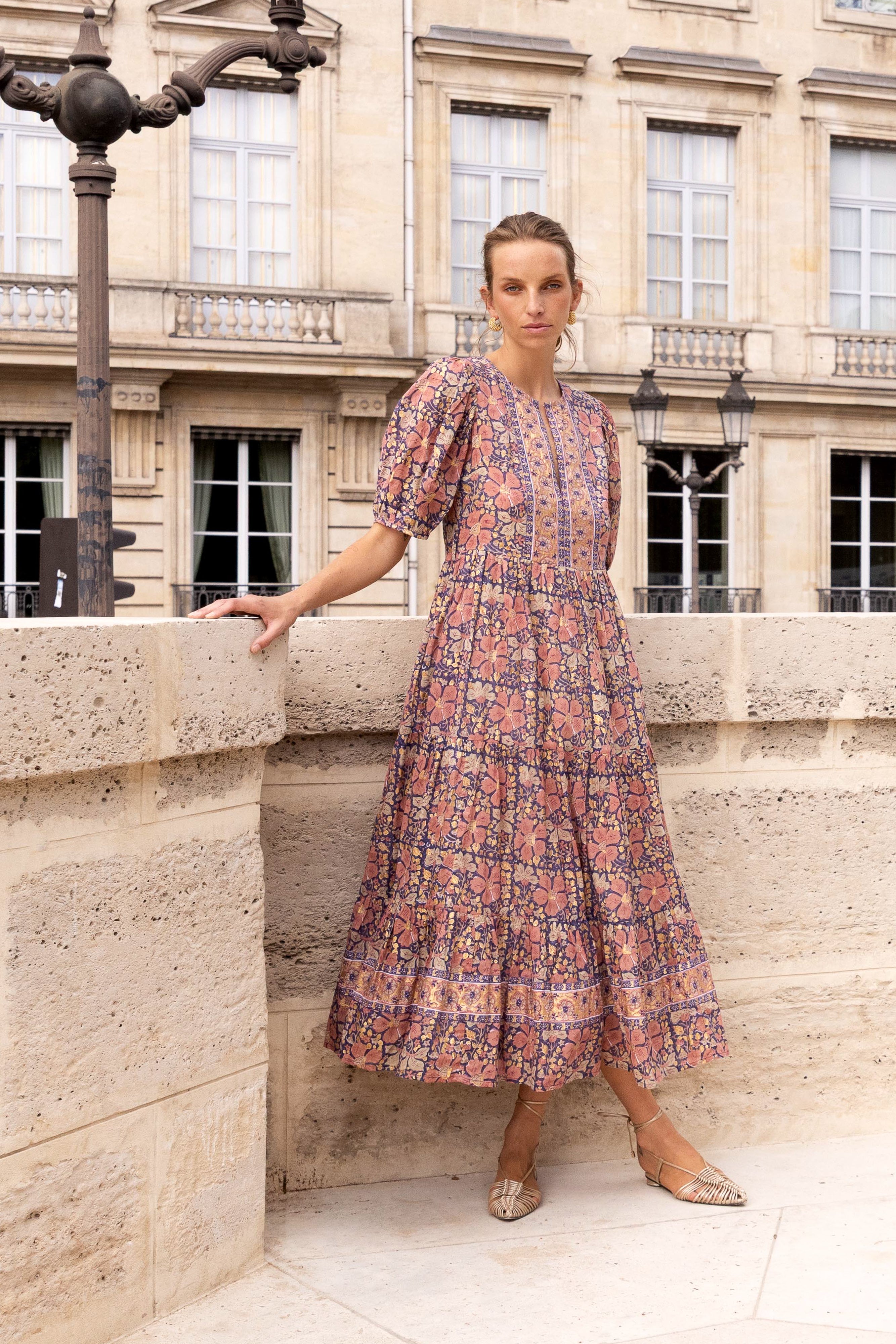 Puff Sleeve Maxi- Matera Navy