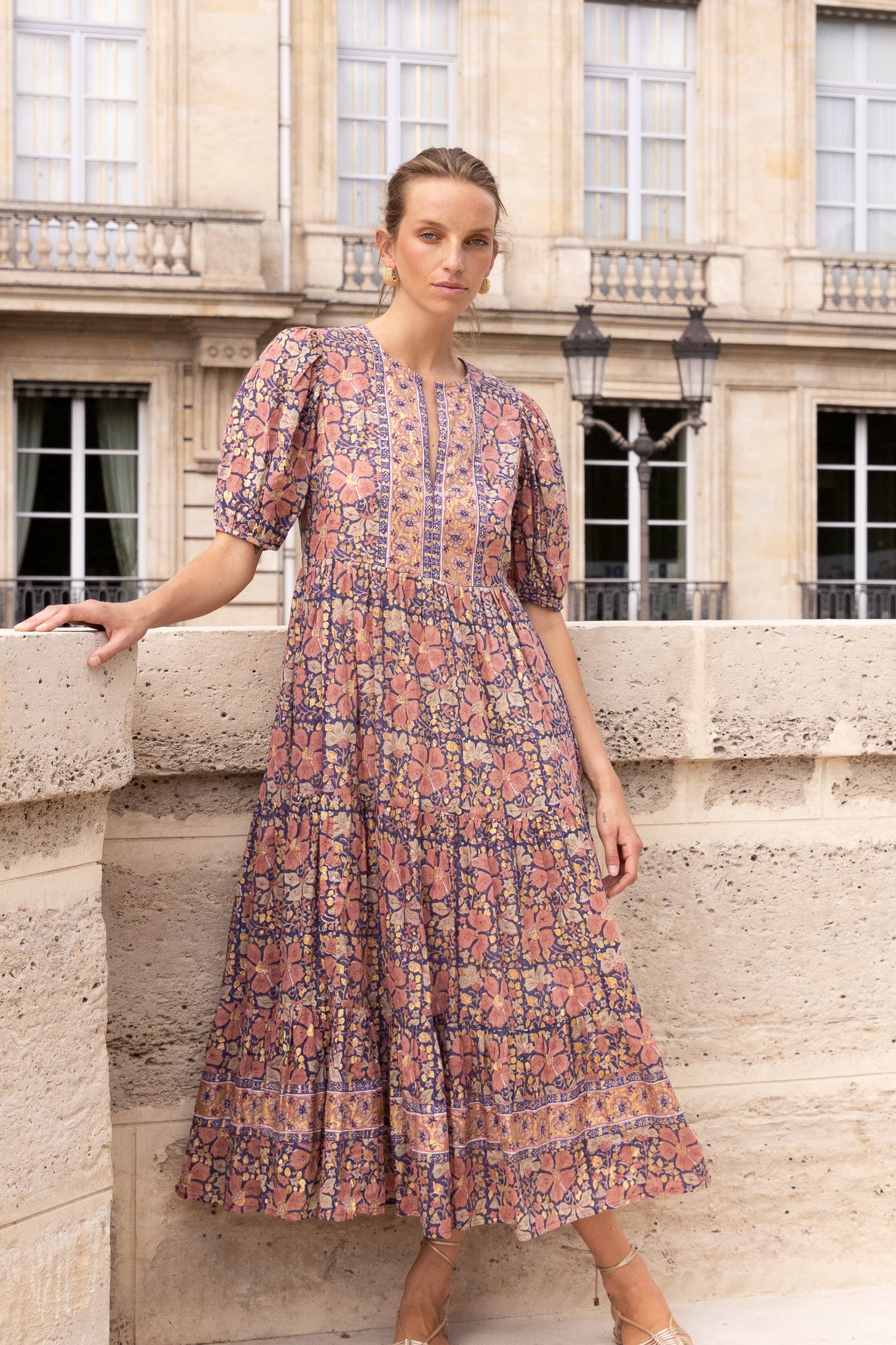 Puff Sleeve Maxi- Matera Navy