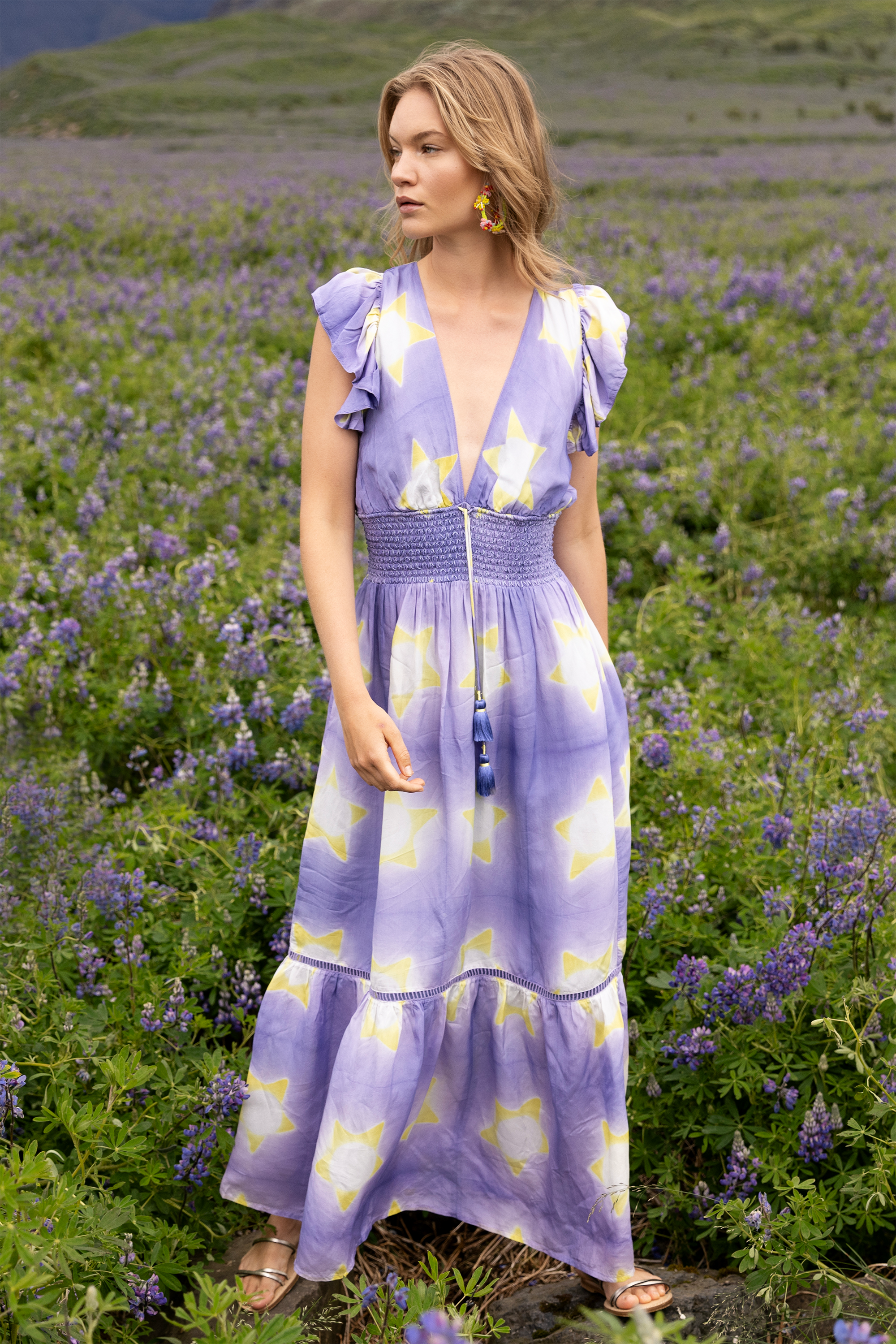 Smocked Waist Flirty V-Neck Maxi- Mela Peri