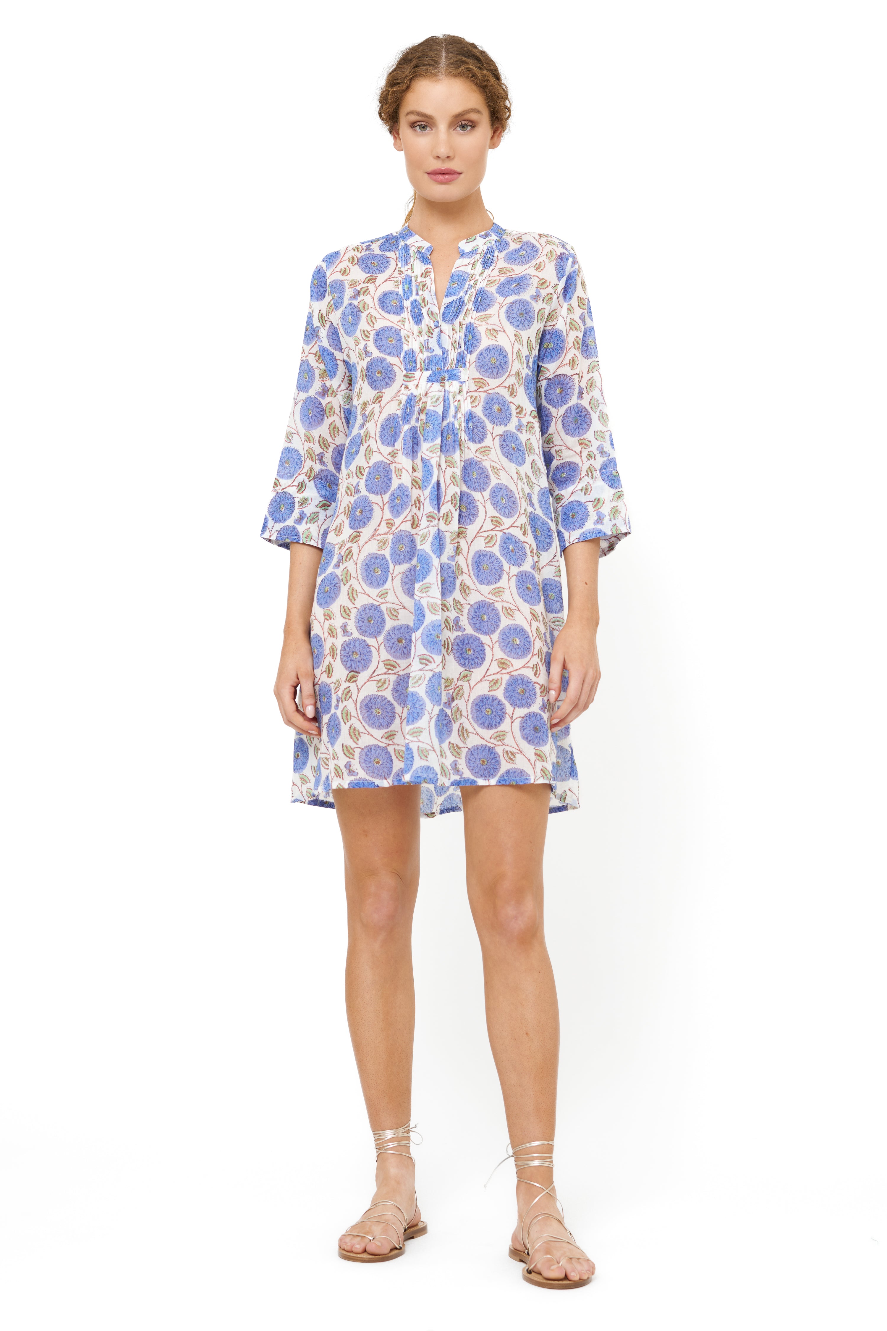 3/4 Sleeve Pintuck Dress- Monarch Blue