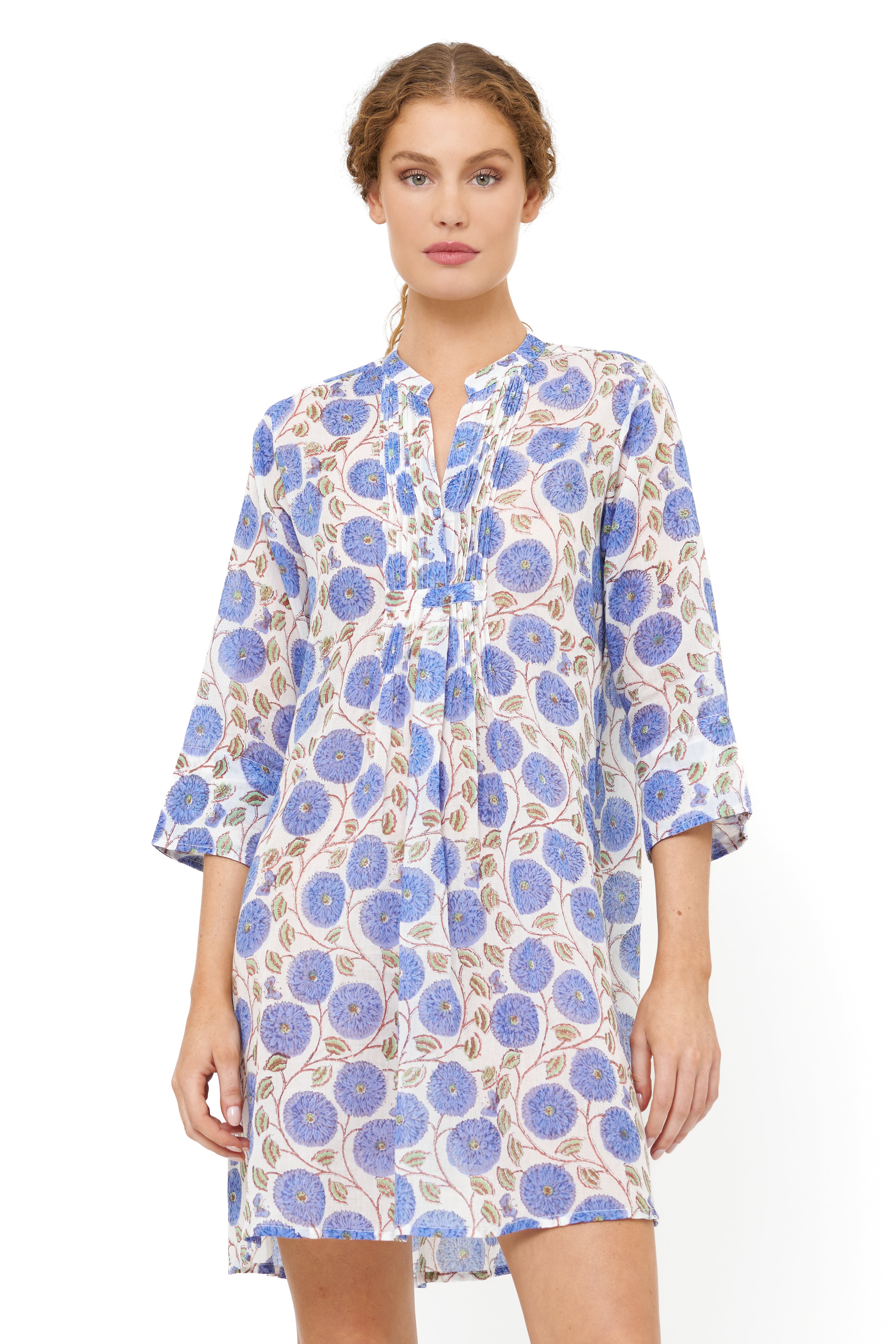 3/4 Sleeve Pintuck Dress- Monarch Blue