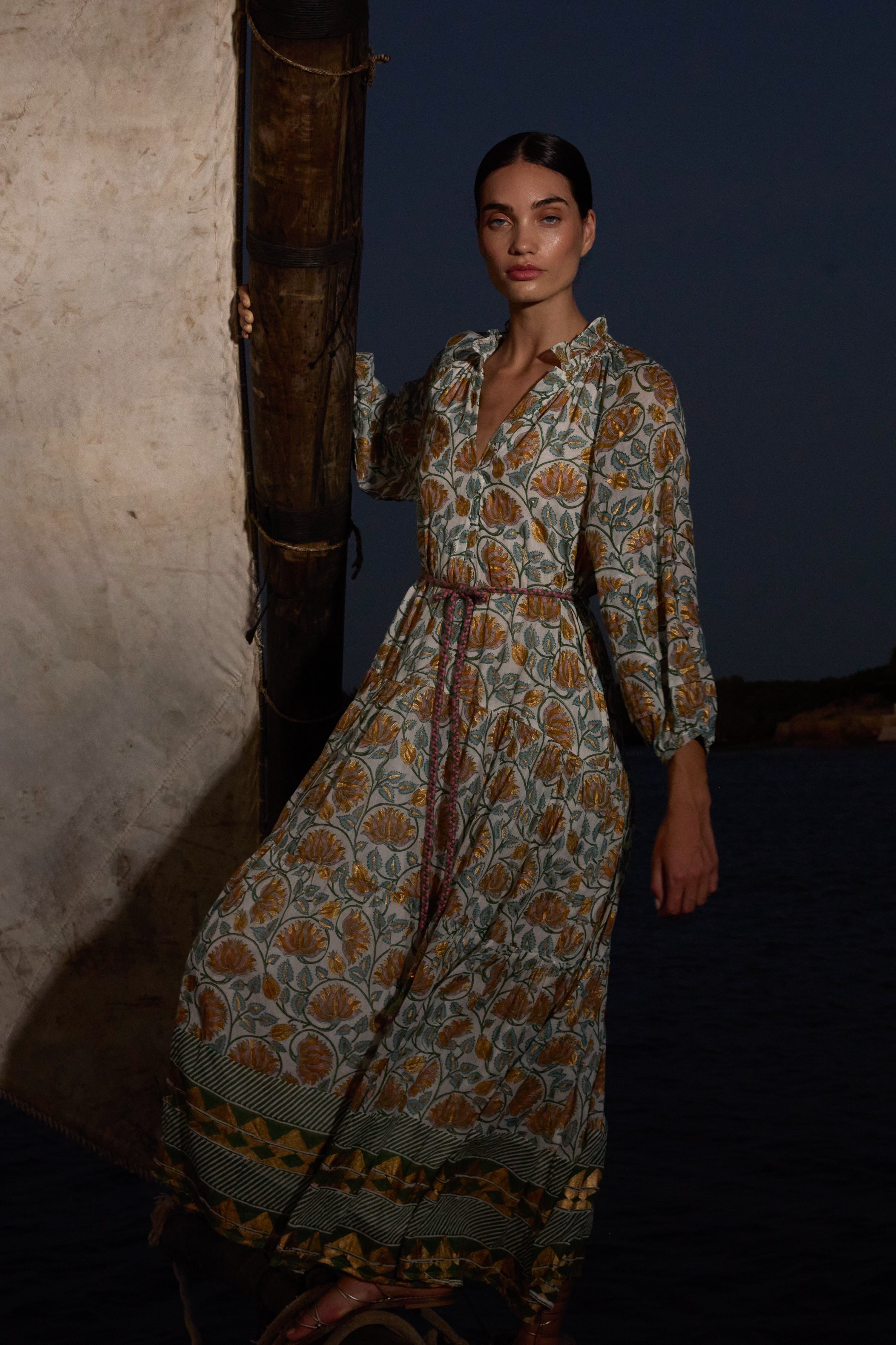 Cuff Sleeve Tie Waist Maxi- Montenegro Green