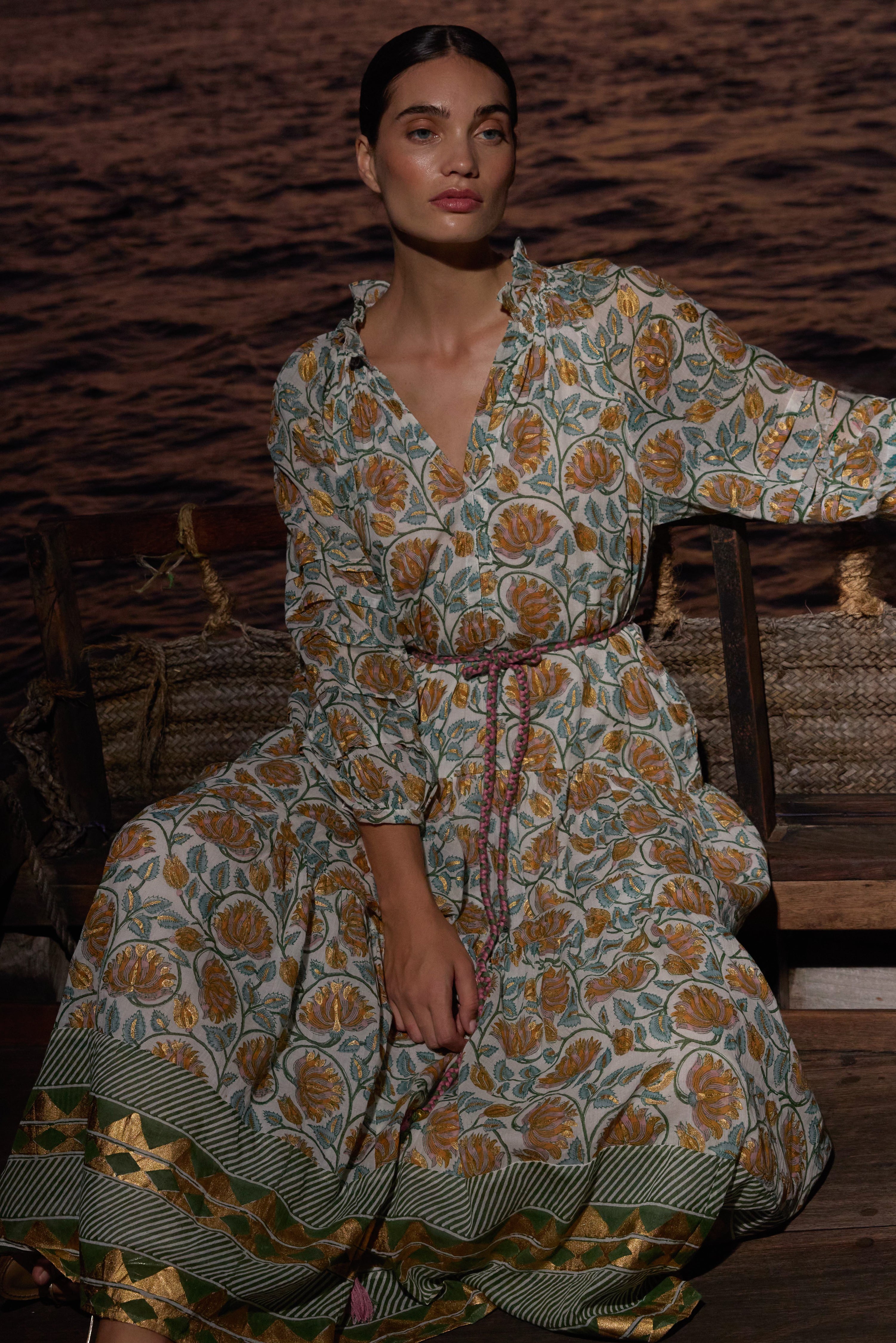 Cuff Sleeve Tie Waist Maxi- Montenegro Green