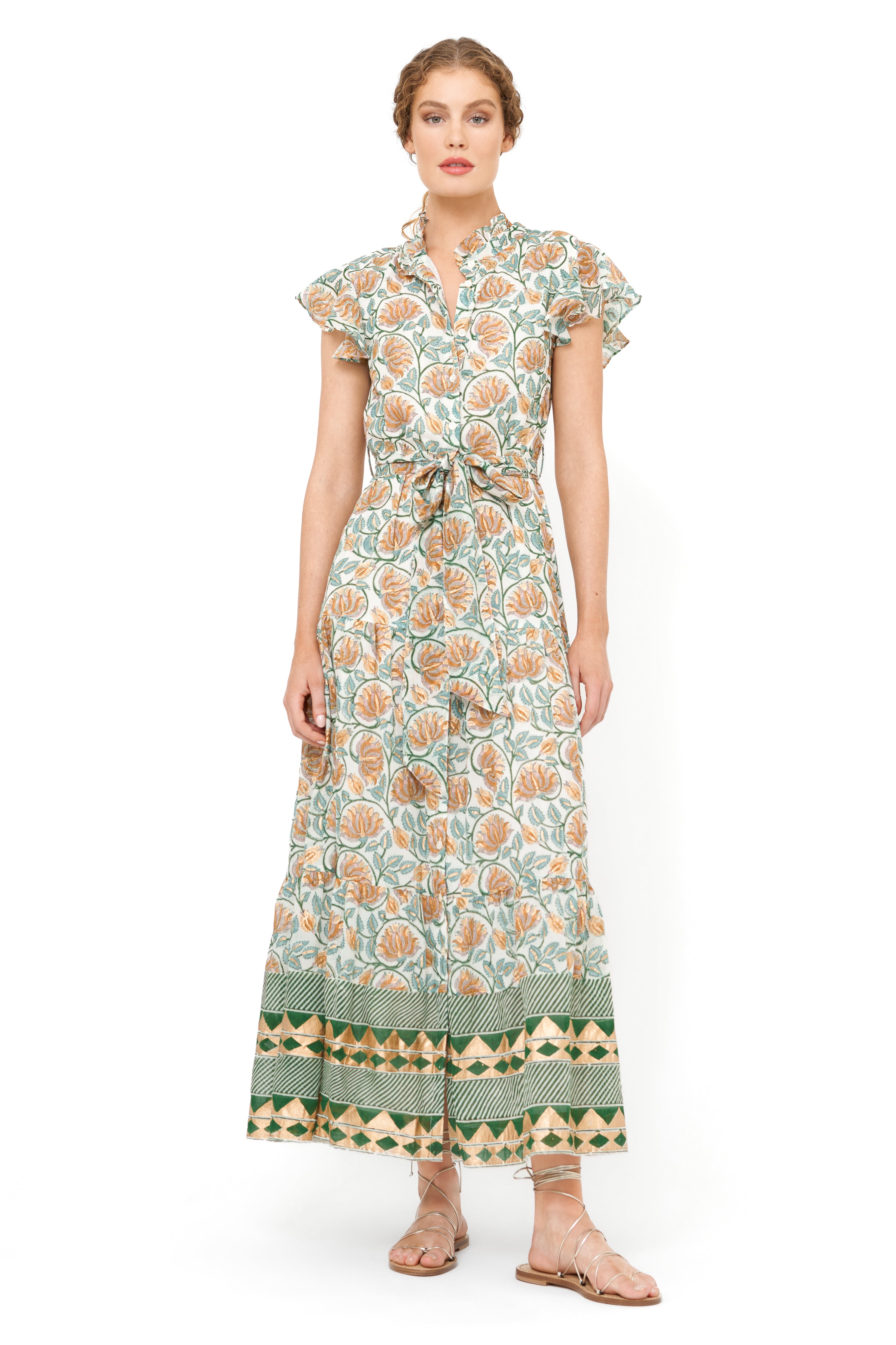 Ruffle Collar Button Maxi- Montenegro Green