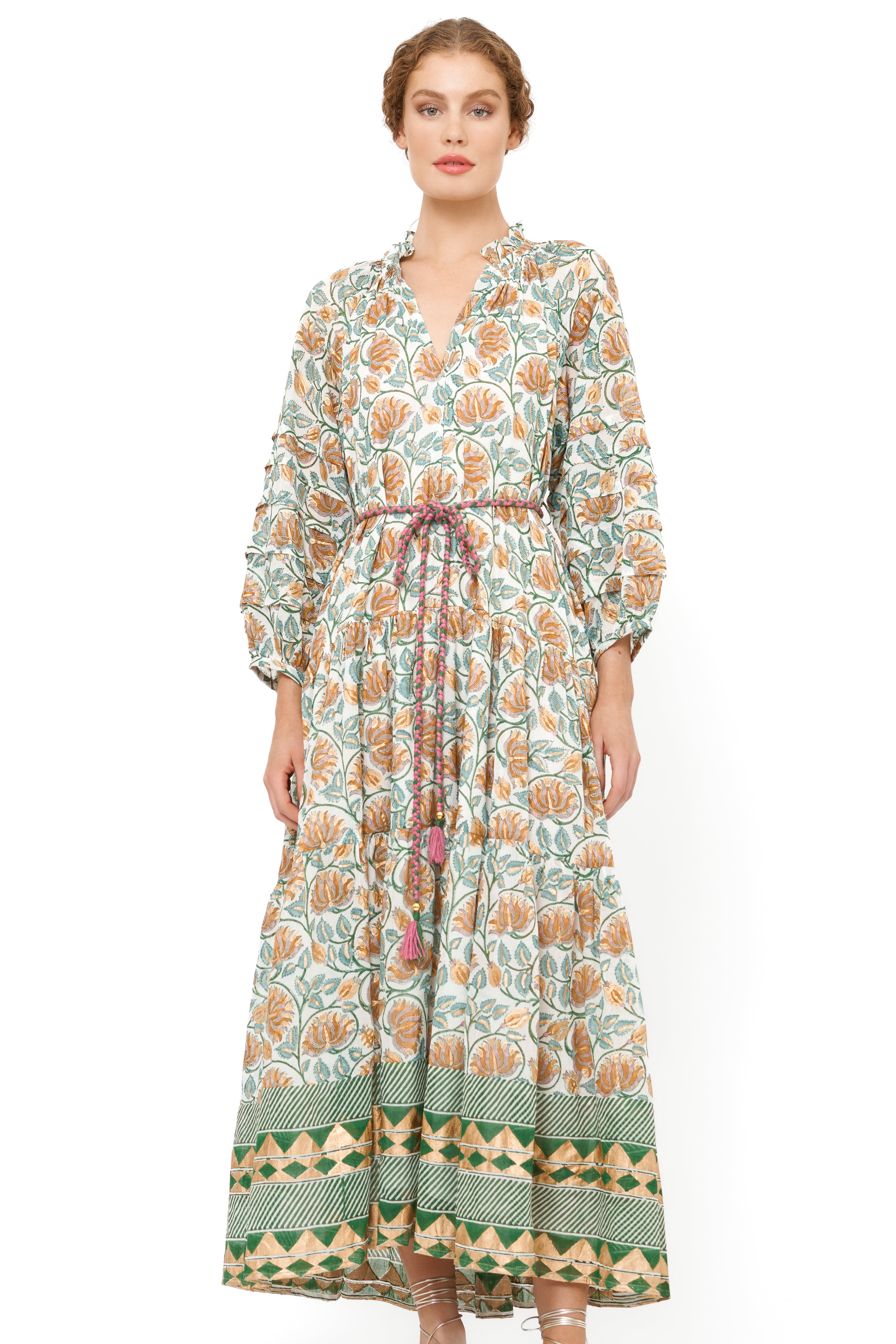 Cuff Sleeve Tie Waist Maxi- Montenegro Green