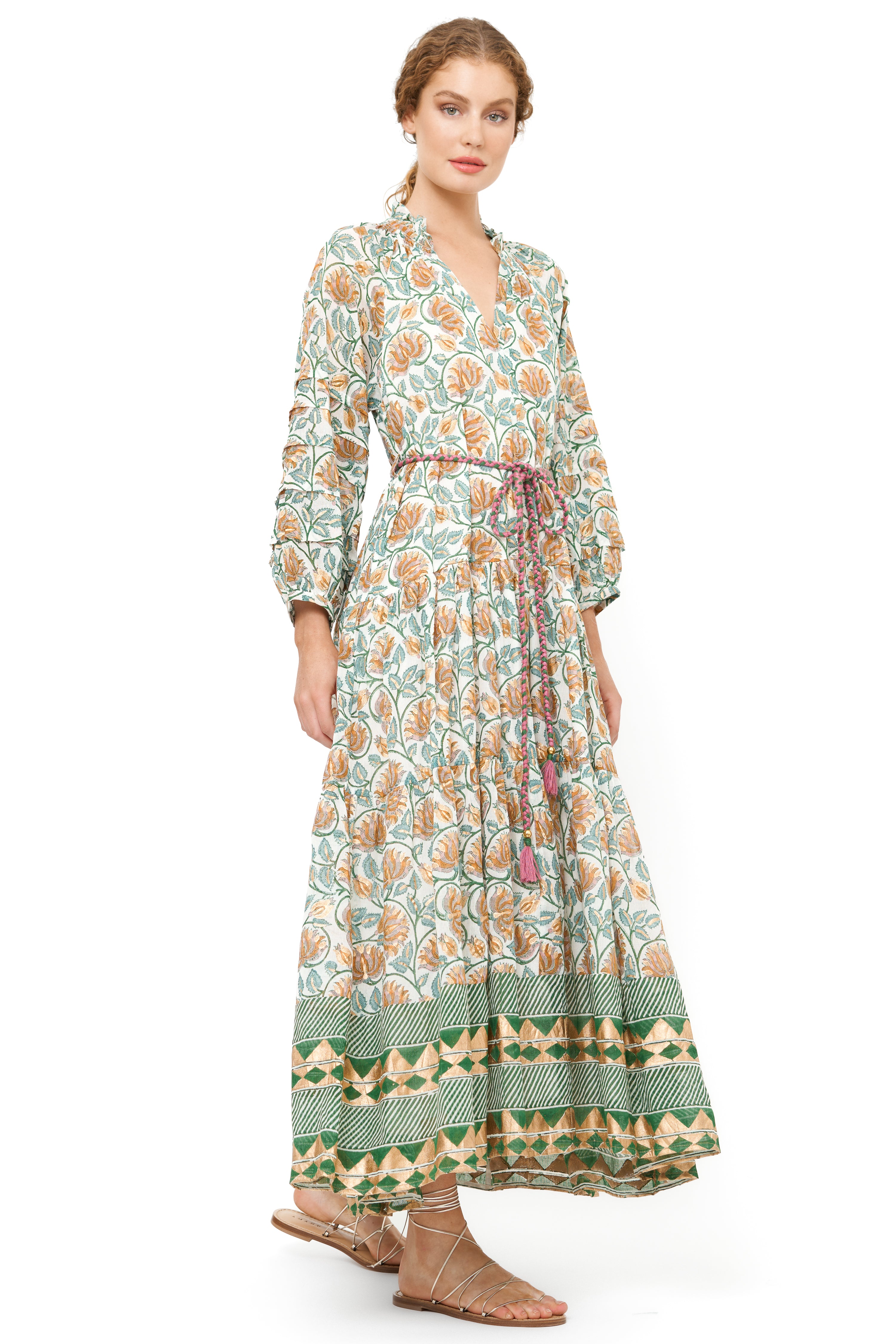 Cuff Sleeve Tie Waist Maxi- Montenegro Green