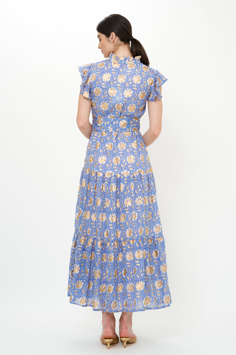 Ruffle Collar Button Maxi- Mughal Blue