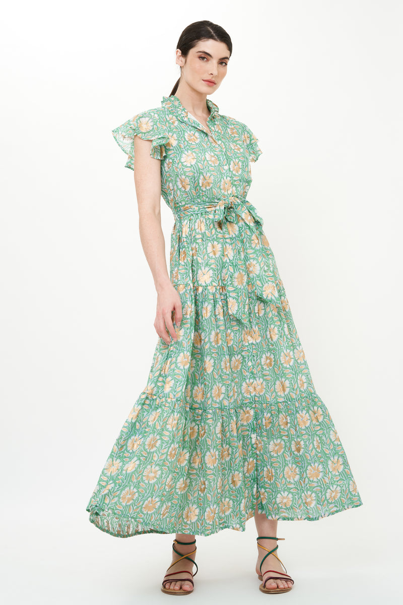 Ruffle Collar Button Maxi- Mughal Green