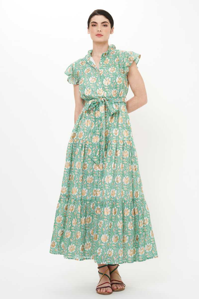 Ruffle Collar Button Maxi- Mughal Green