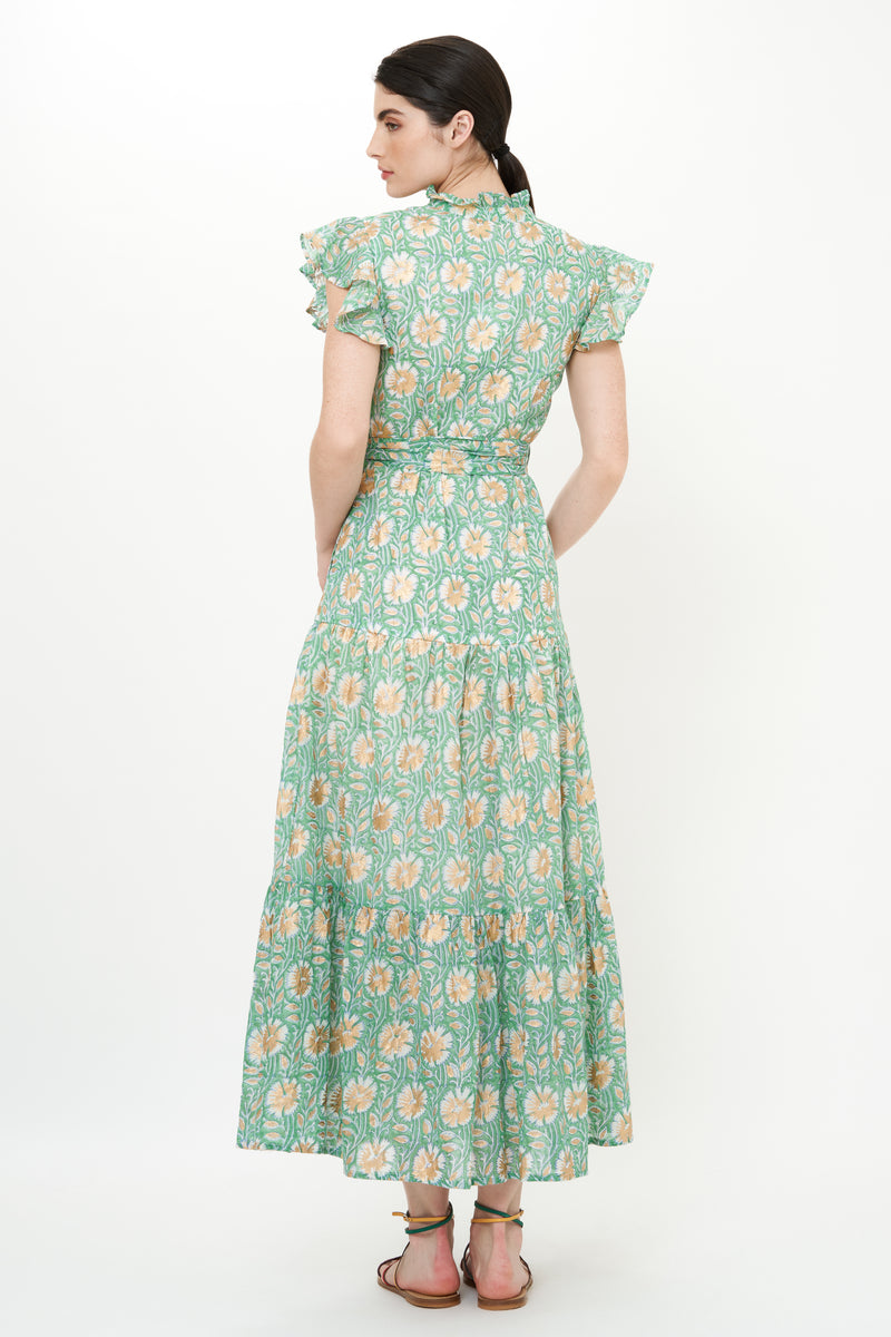 Ruffle Collar Button Maxi- Mughal Green