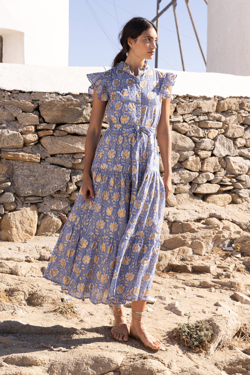 Ruffle Collar Button Maxi- Mughal Blue