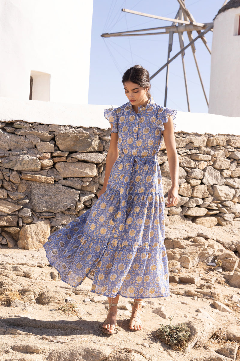 Ruffle Collar Button Maxi- Mughal Blue