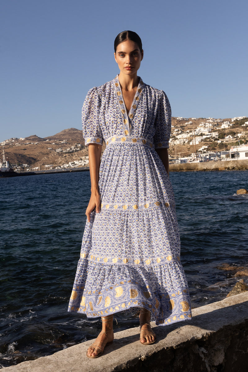 V-Neck Cuffed Maxi- Veranda Blue