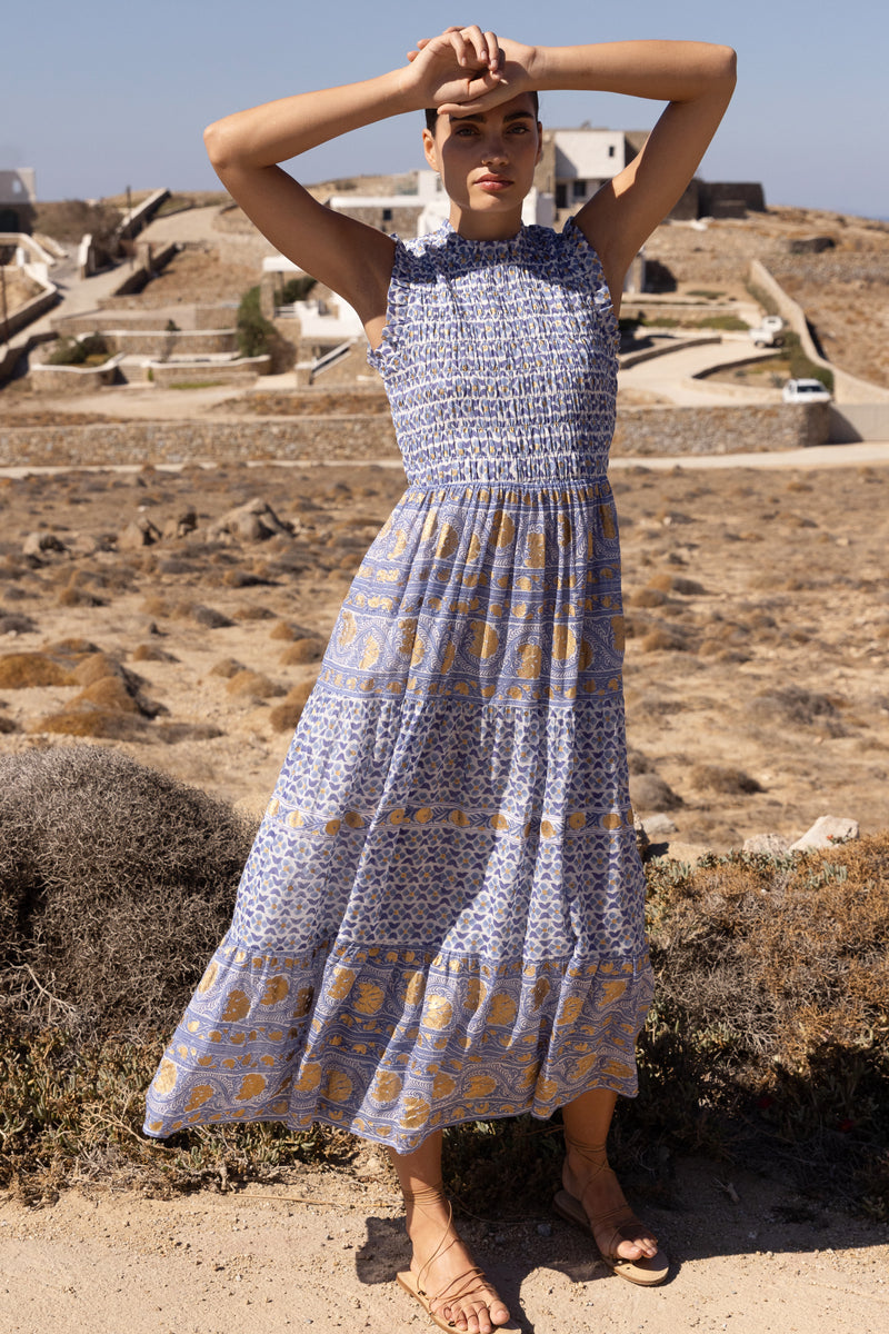 Sleeveless Smocked Maxi- Veranda Blue