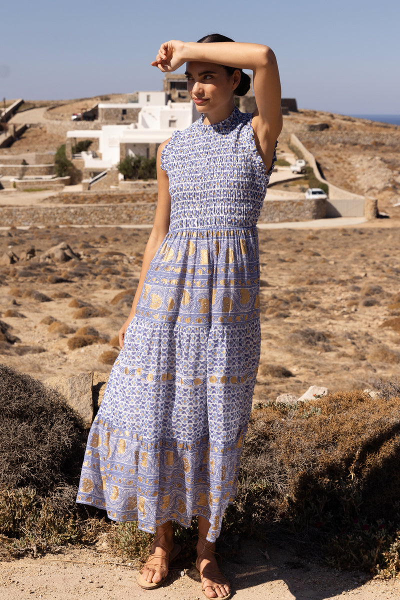 Sleeveless Smocked Maxi- Veranda Blue