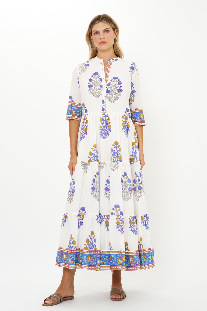 Button Neck 3/4 Sleeve Maxi- Napa Blue