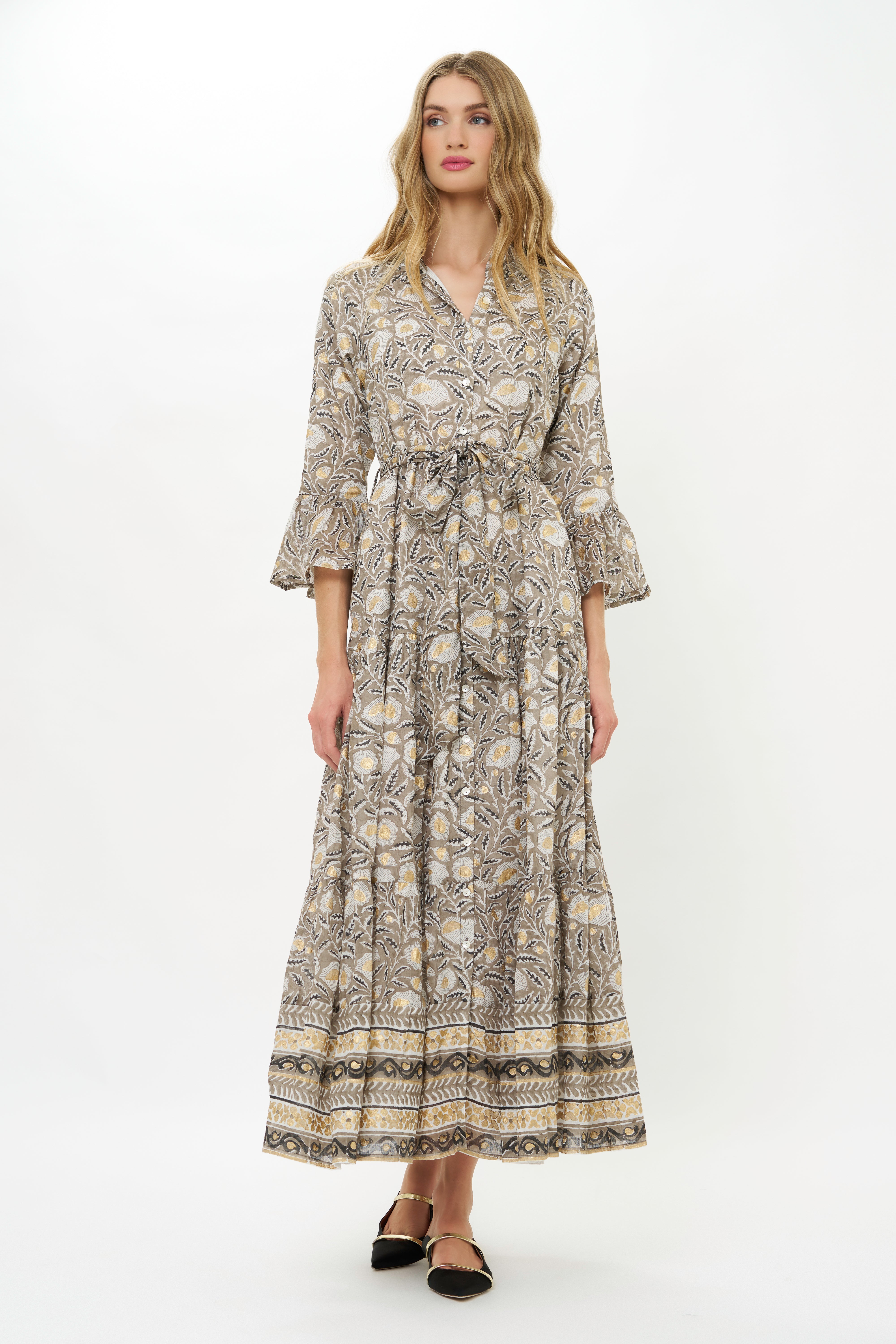 Ruffle Collar Bell Maxi- Birch Taupe