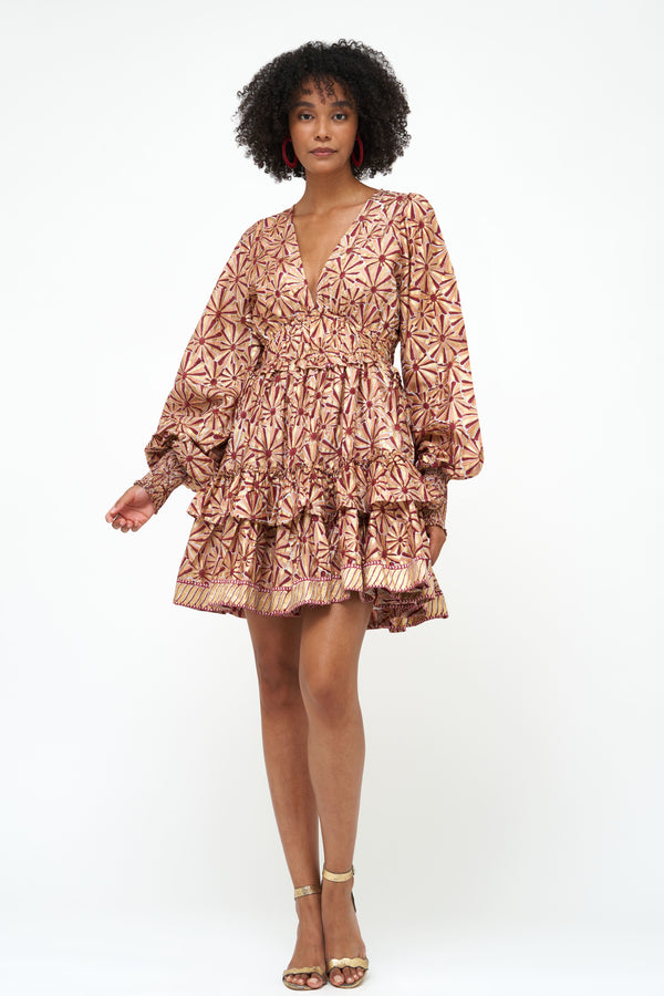 Smocked Waist V-Neck Mini- Roman Wine