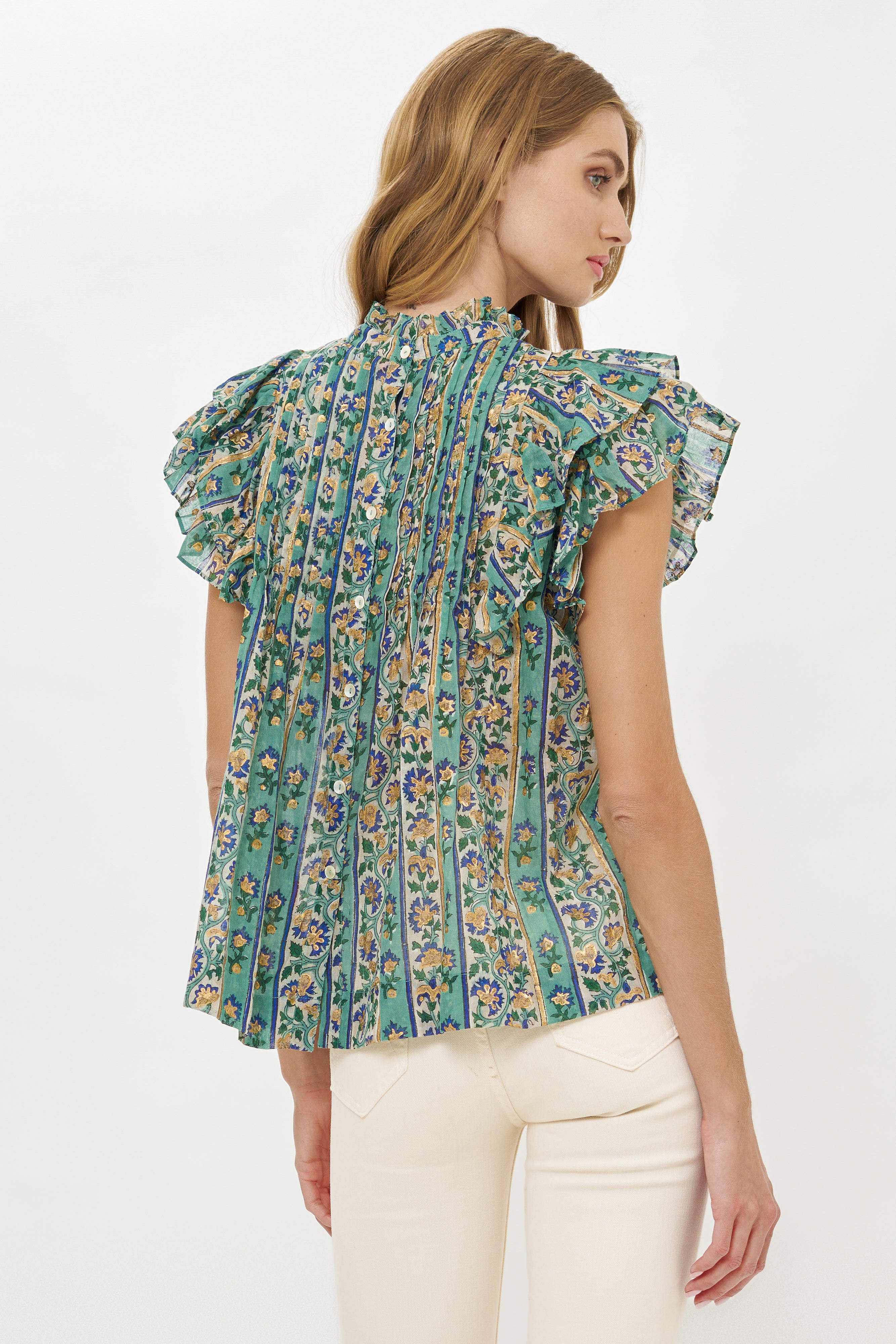 Pintuck Ruffle Top- Taj Aqua