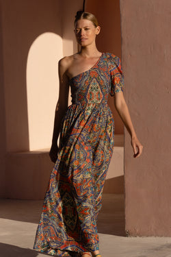 Puff Sleeve One Shoulder Smocked Maxi- Persia Cobalt