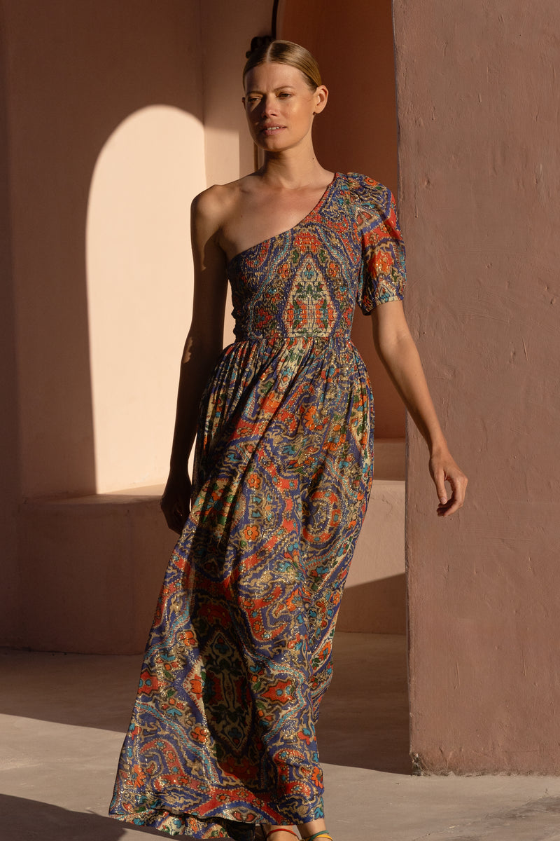 Puff Sleeve One Shoulder Smocked Maxi- Persia Cobalt