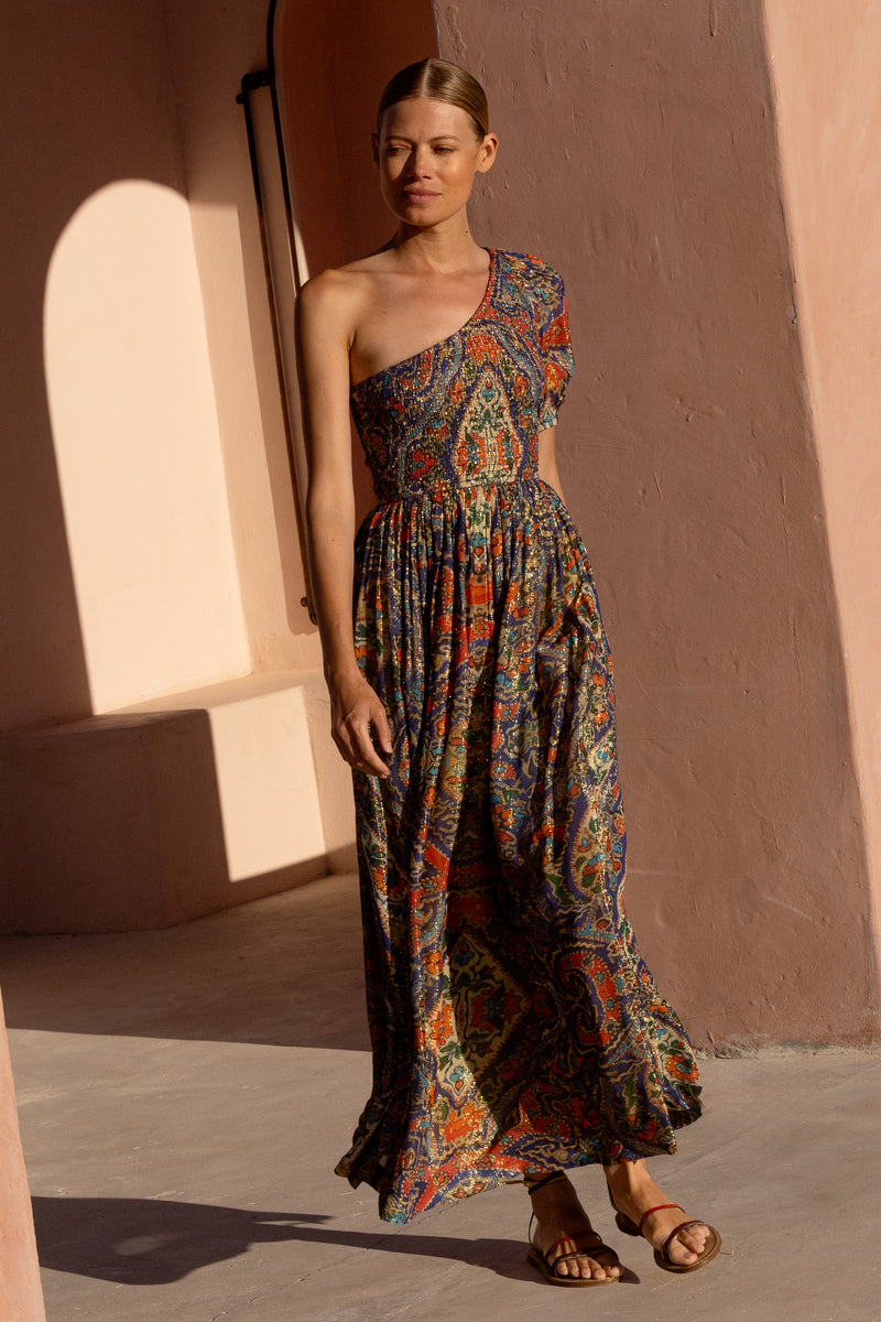 Puff Sleeve One Shoulder Smocked Maxi- Persia Cobalt