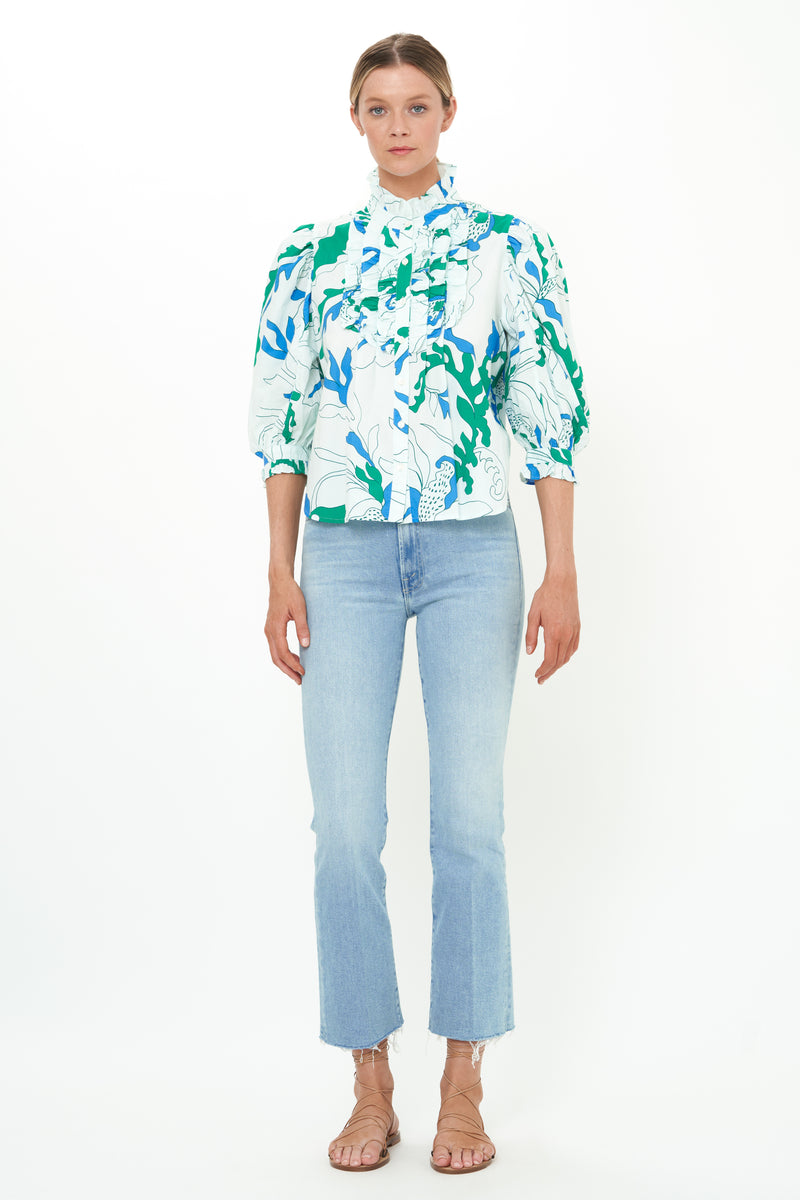 Ruffle Front Button Blouse- Orchid Green