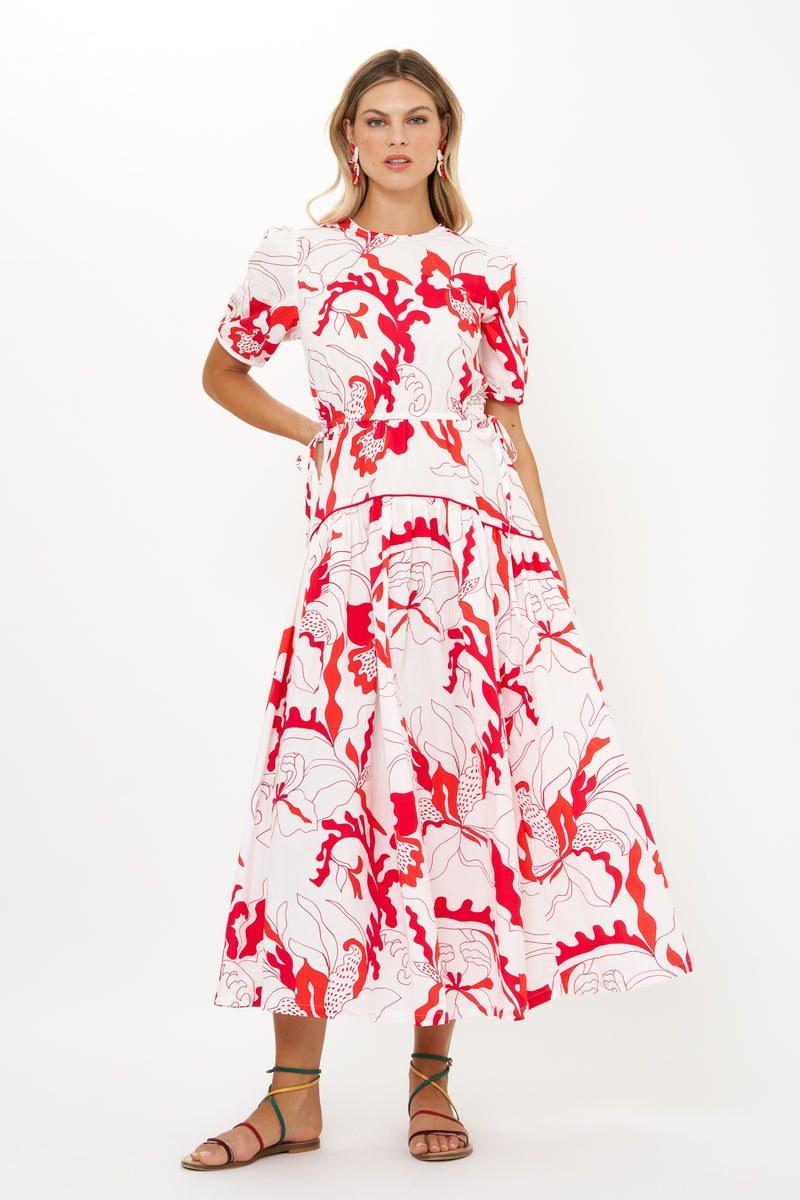 Piped Puff Sleeve Maxi- Orchid Red