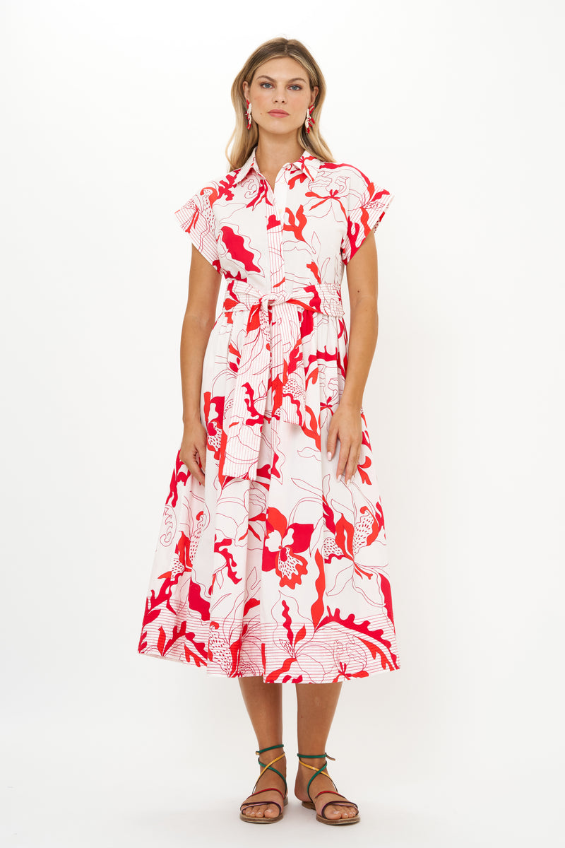 Belted Shirt Dress- Orchid Red