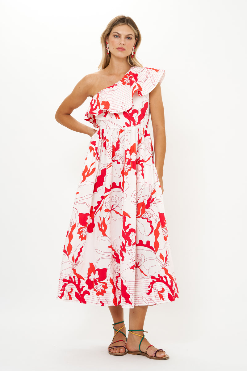 One Shoulder Ruffle Maxi- Orchid Red