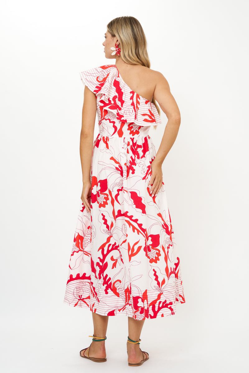 One Shoulder Ruffle Maxi- Orchid Red