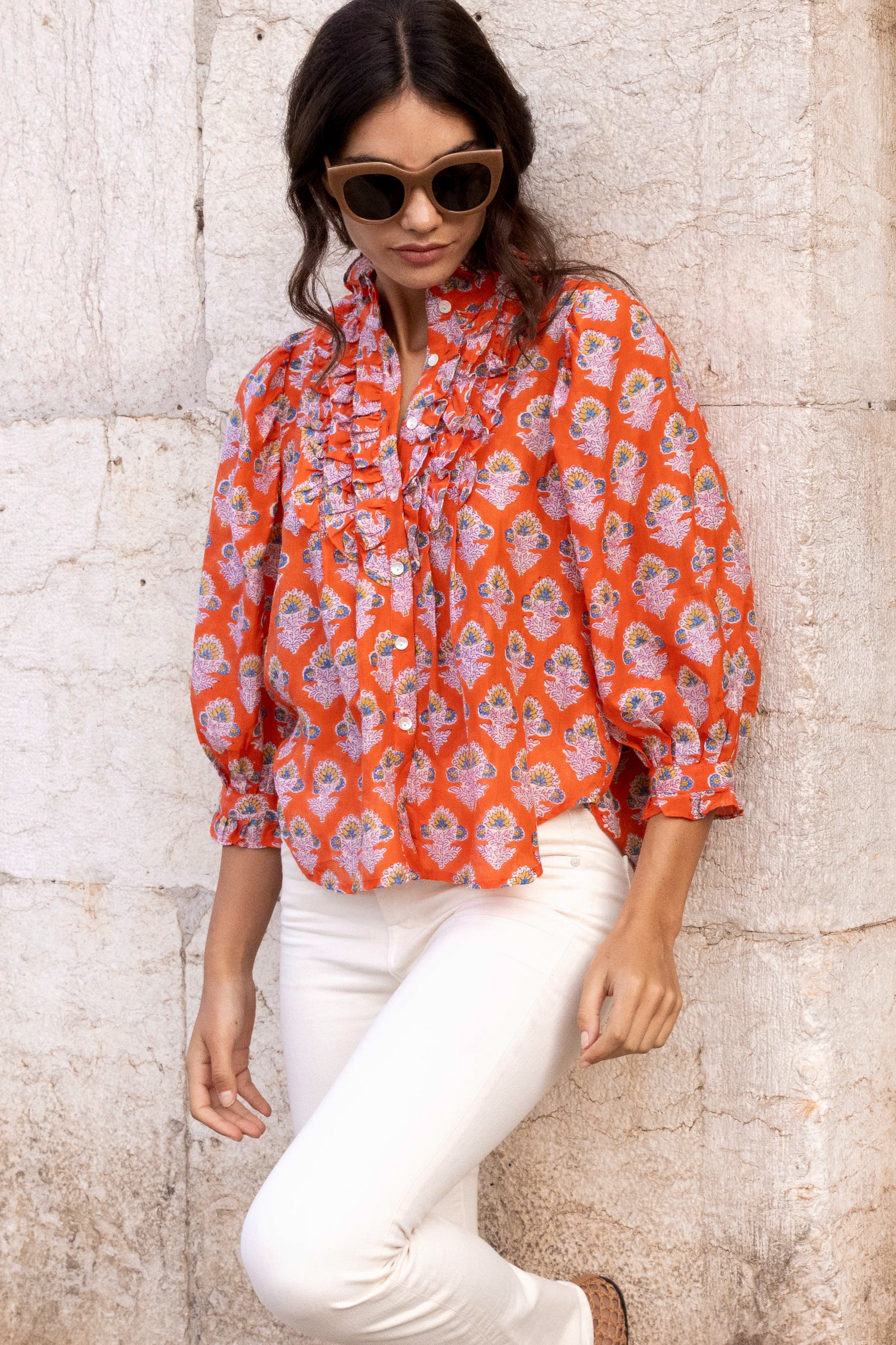 Ruffle Front Button Blouse- Patna Red