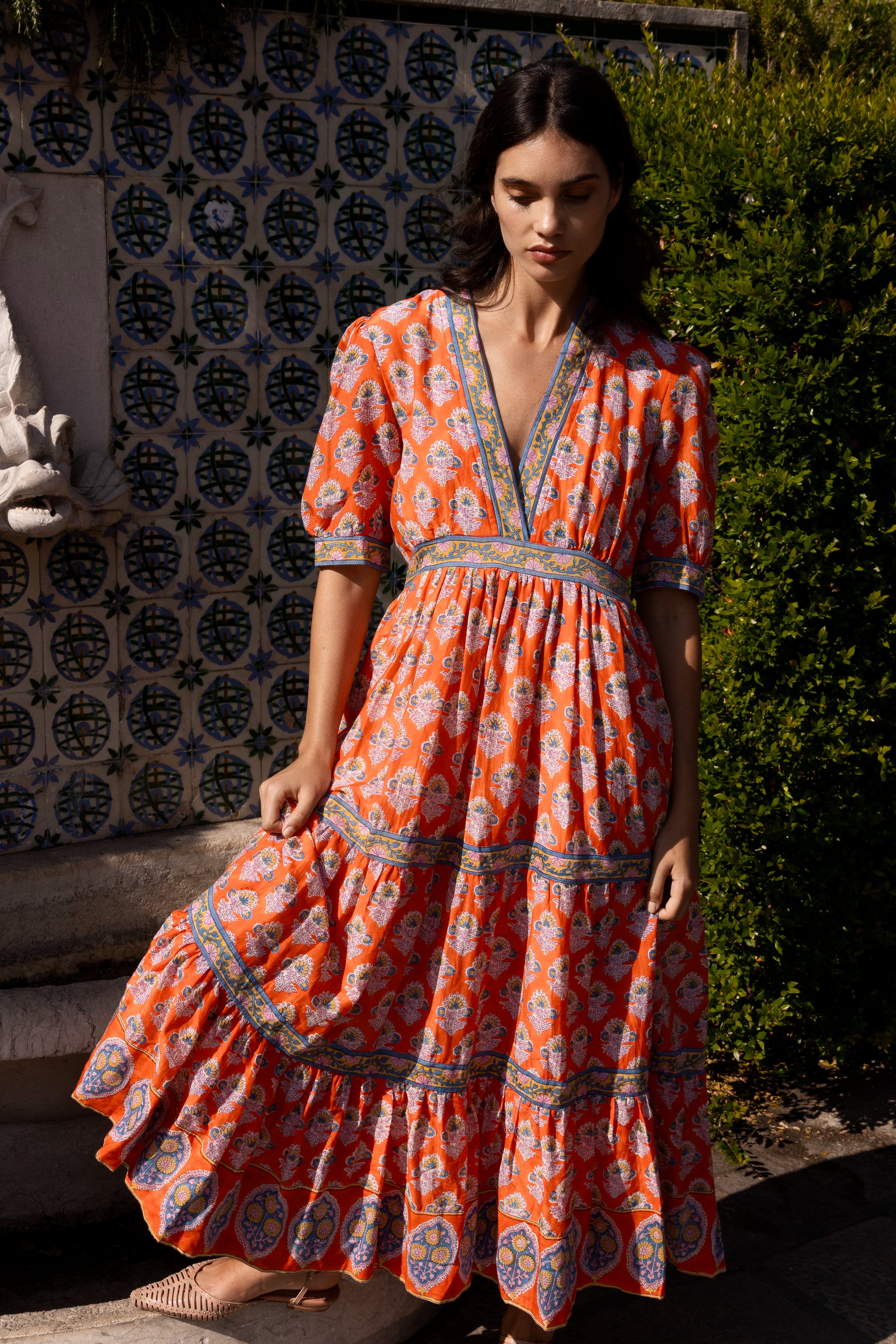 V-Neck Cuffed Maxi- Patna Red