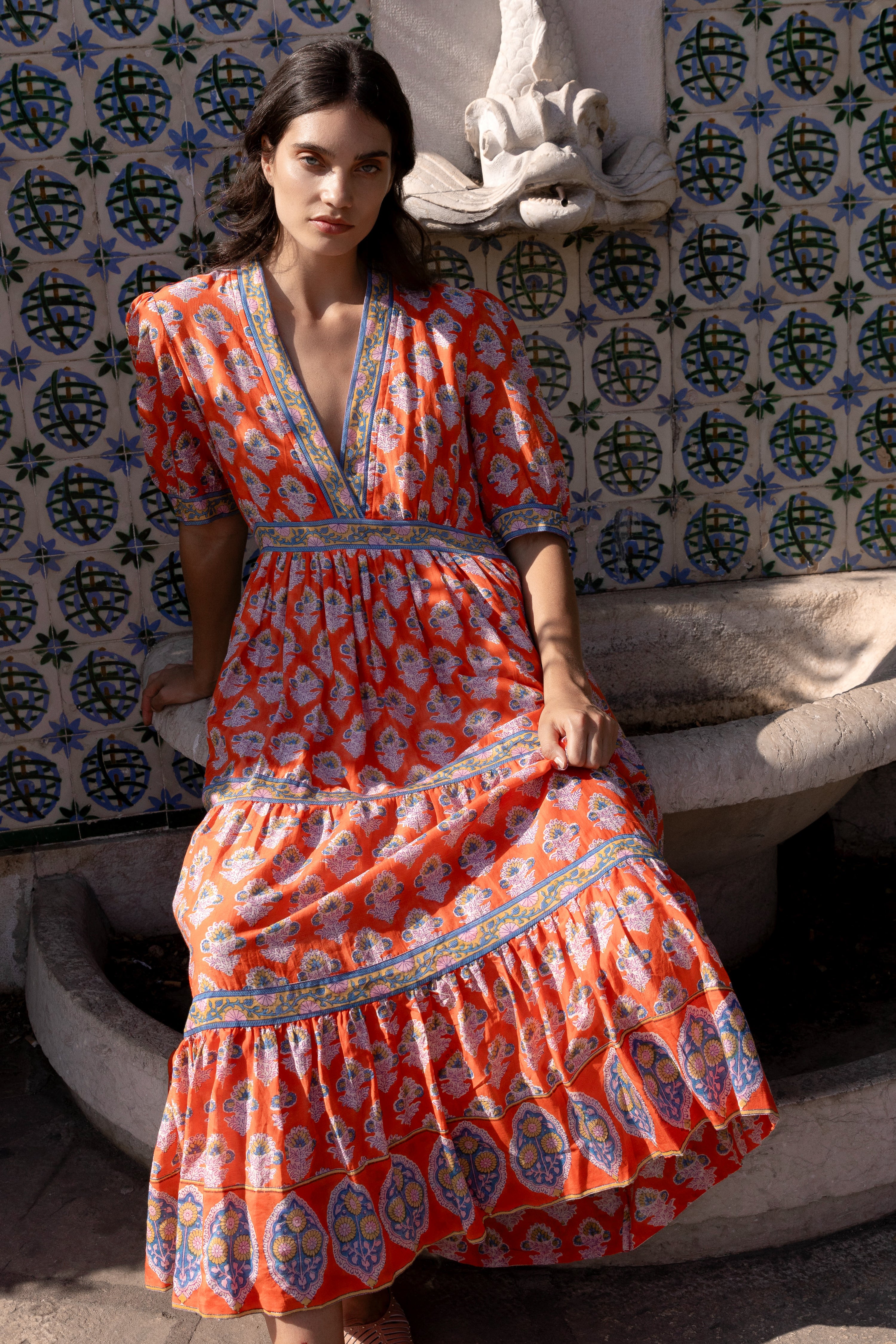 V-Neck Cuffed Maxi- Patna Red