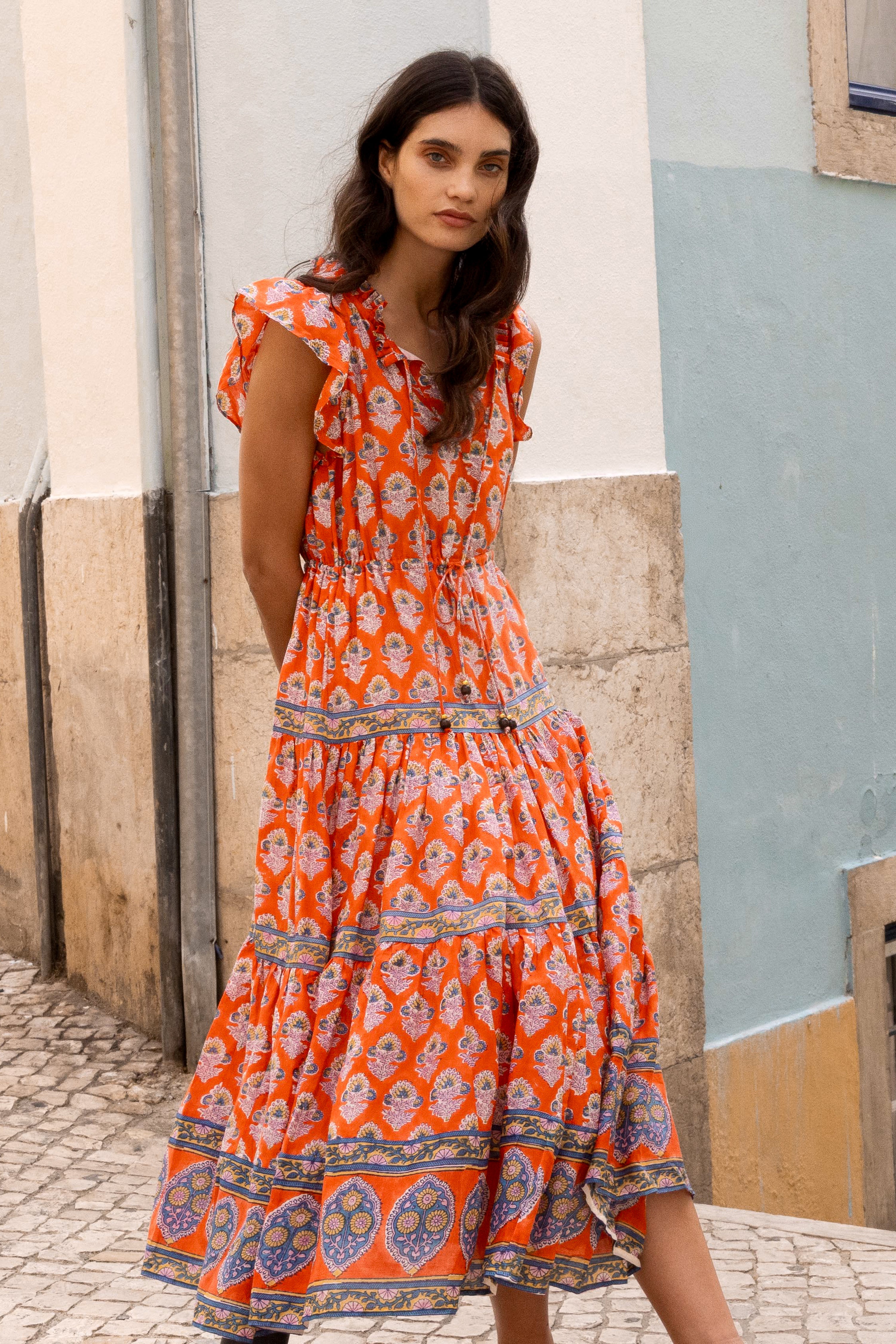Cinched Flirty Midi- Patna Red