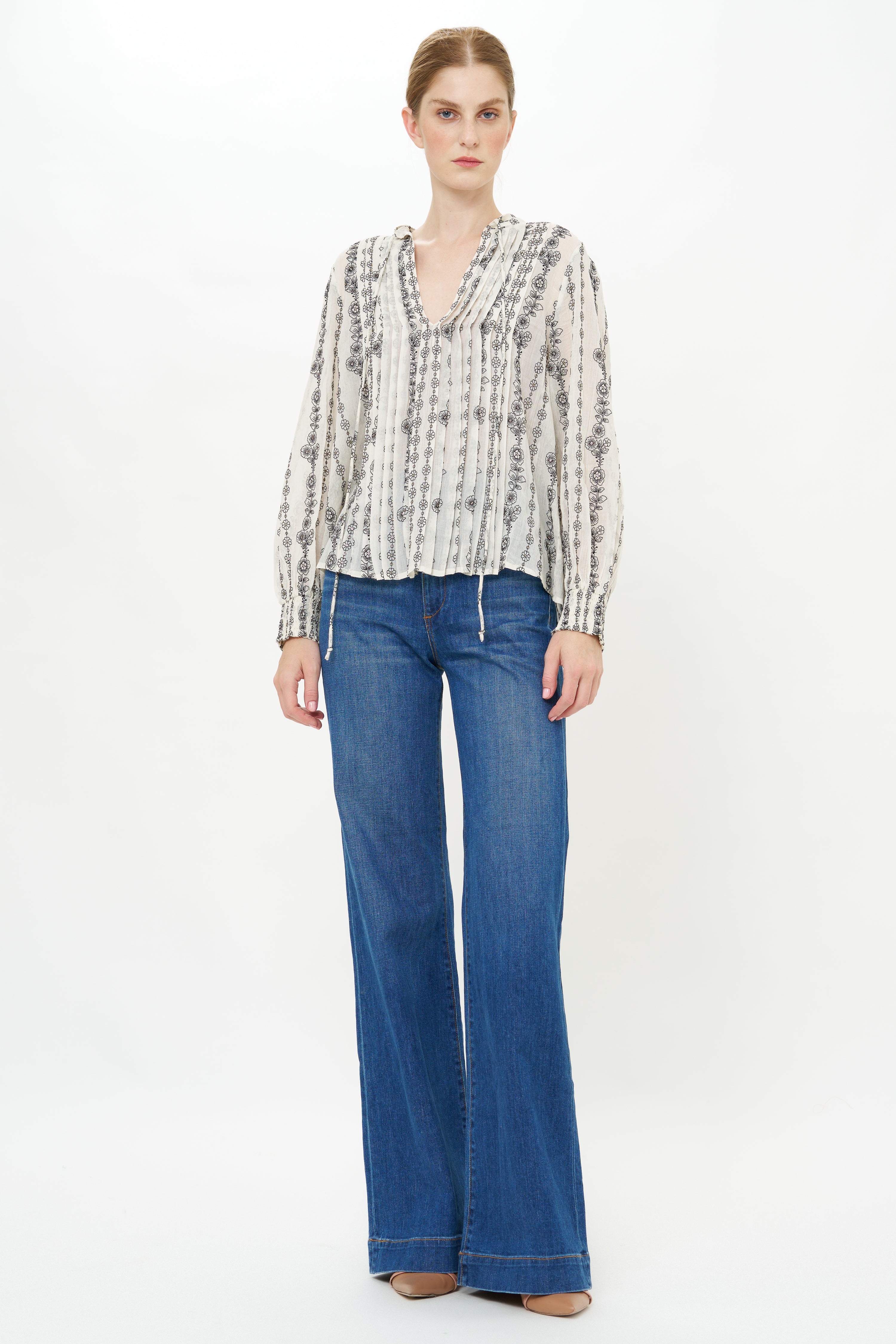 V-Neck Pintuck Blouse- Petal Cream